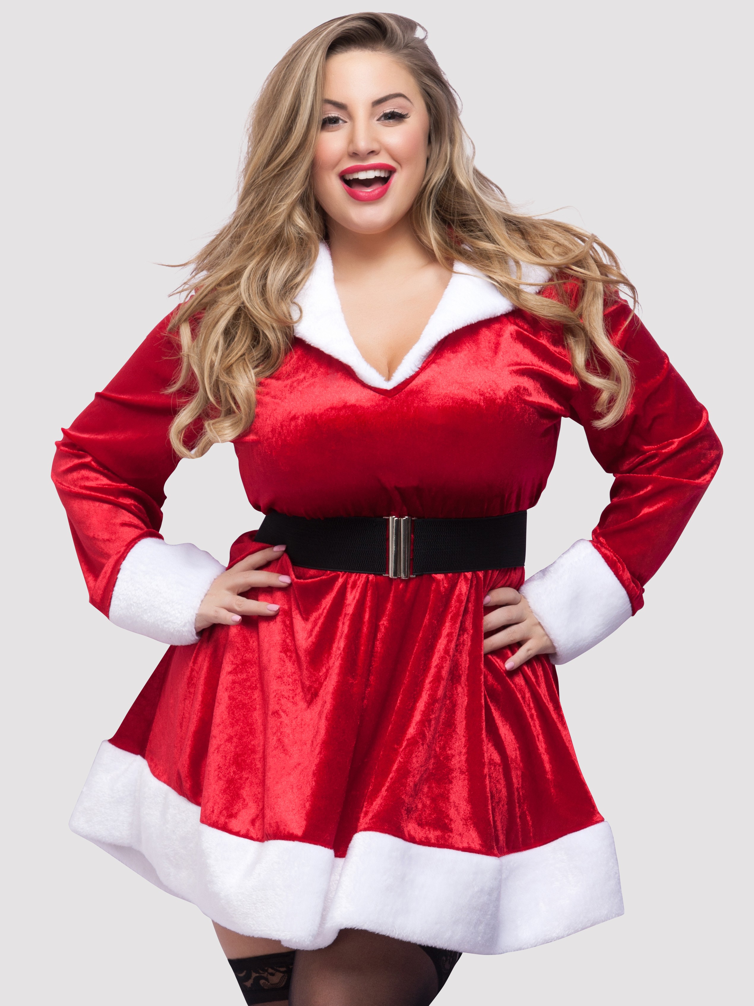 Hooded Sexy Santa Dress with Belt, Red, hi-res