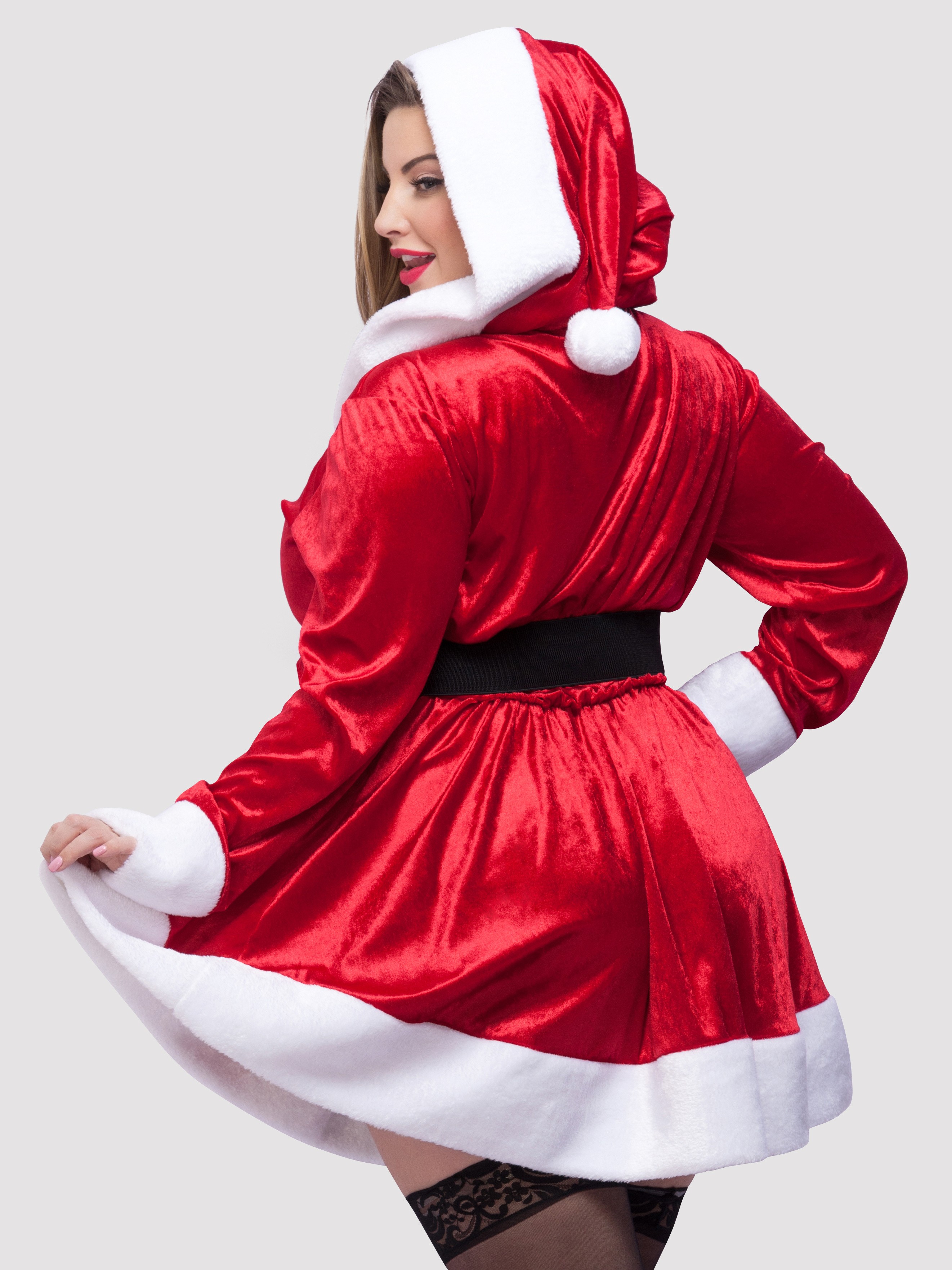 Hooded Sexy Santa Dress with Belt, Red, hi-res