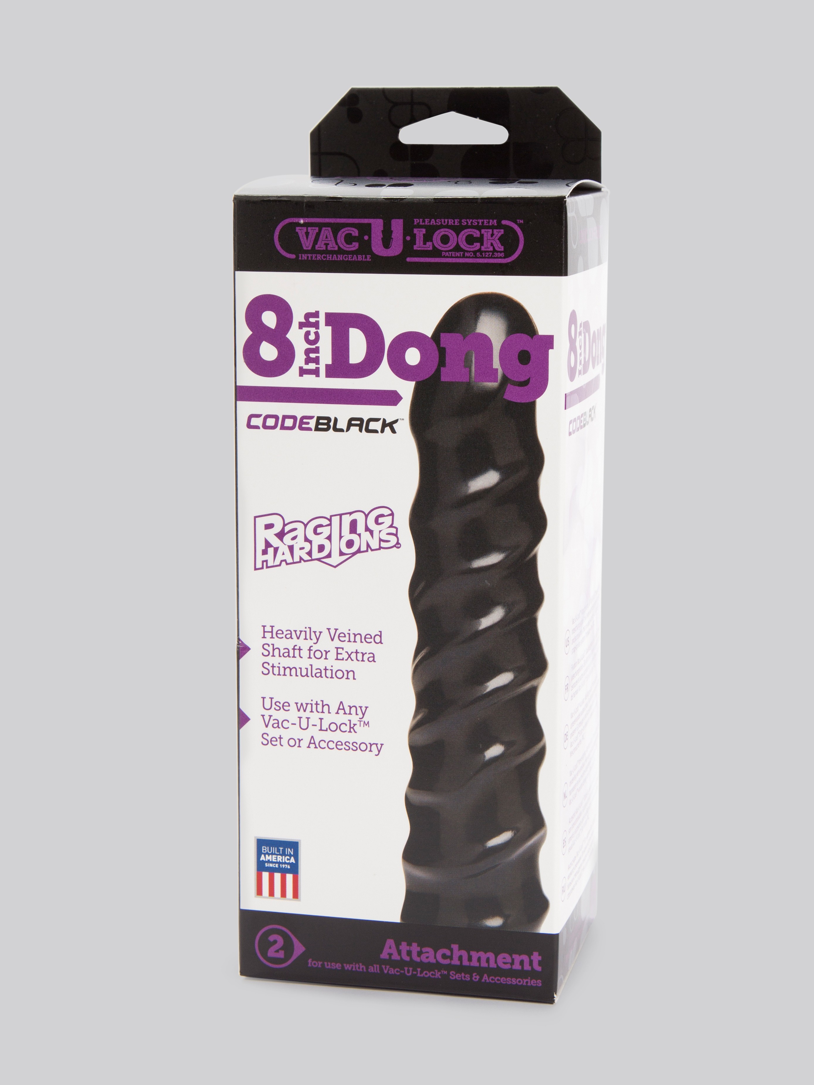 Doc Johnson Code Black Vac-U-Lock Raging Hard-On Dildo 8 Inch, Black, hi-res