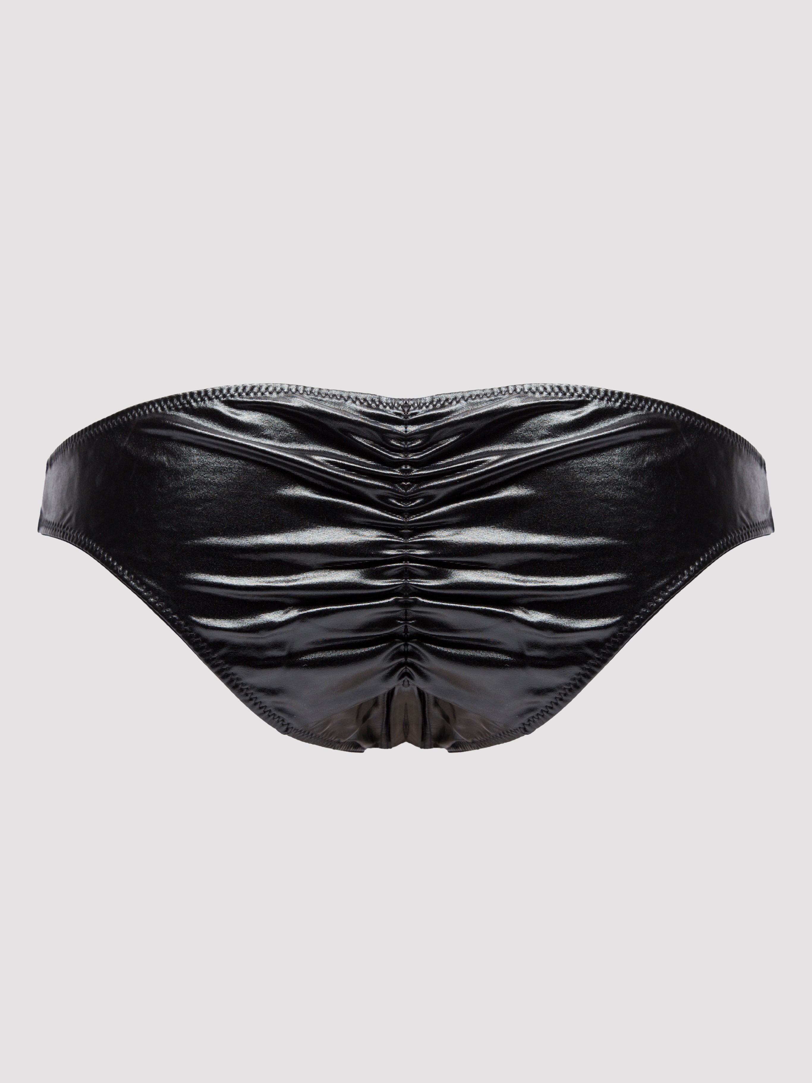 Lovehoney Wet Look Crotchless Knickers, Black, hi-res