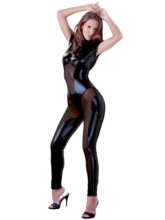 Cottelli Wet Look Catsuit with Concealed Zips, Black, hi-res