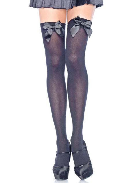 Leg Avenue Plus Size Black Opaque Hold-Ups with Satin Bows, Black, hi-res