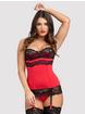 Lovehoney Kiss Me Underwired Black Basque Set, Red, hi-res