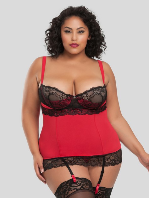 Lovehoney Kiss Me Underwired Black Basque Set, Red, hi-res