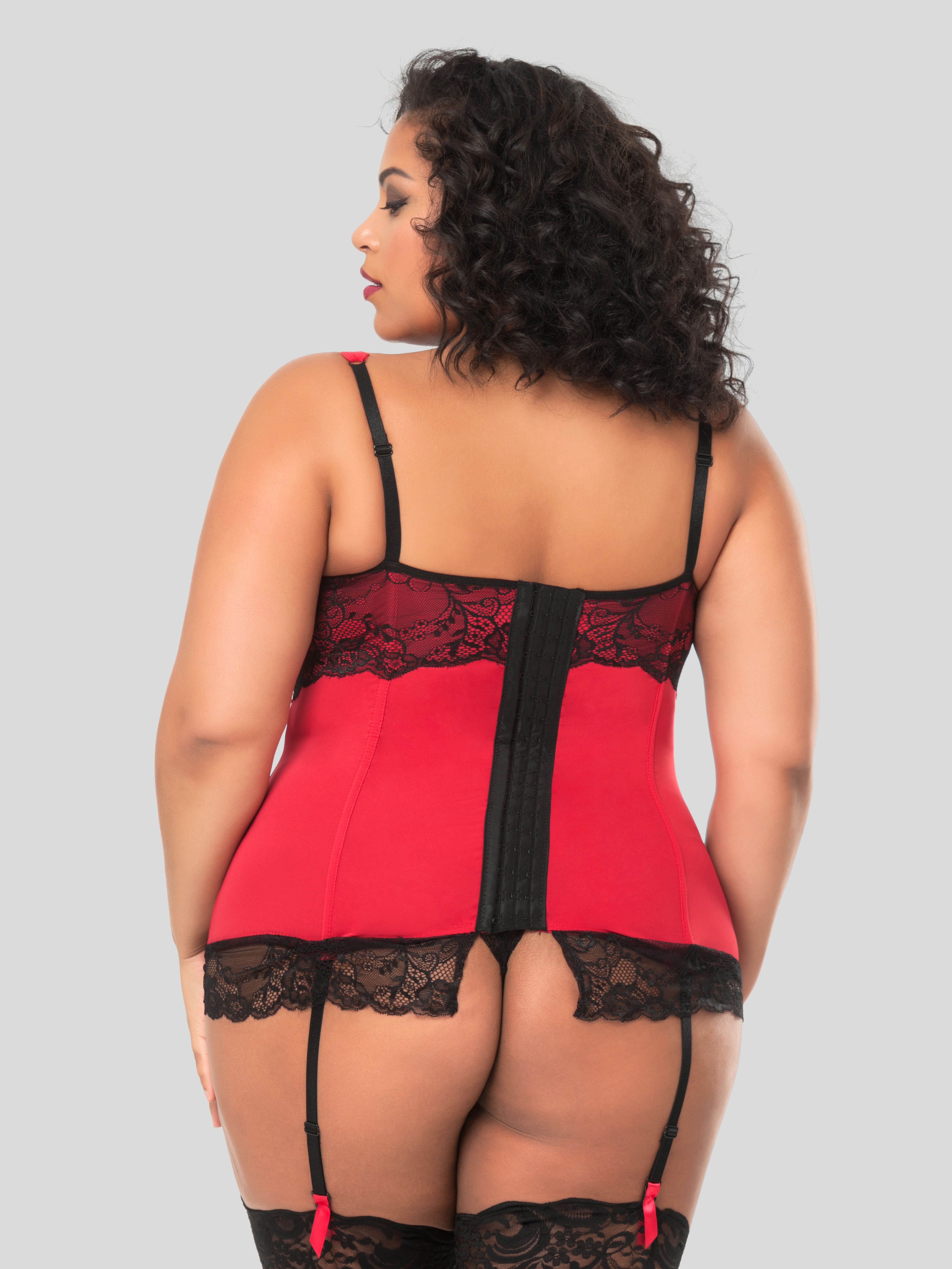 Lovehoney Kiss Me Underwired Black Basque Set, Red, hi-res