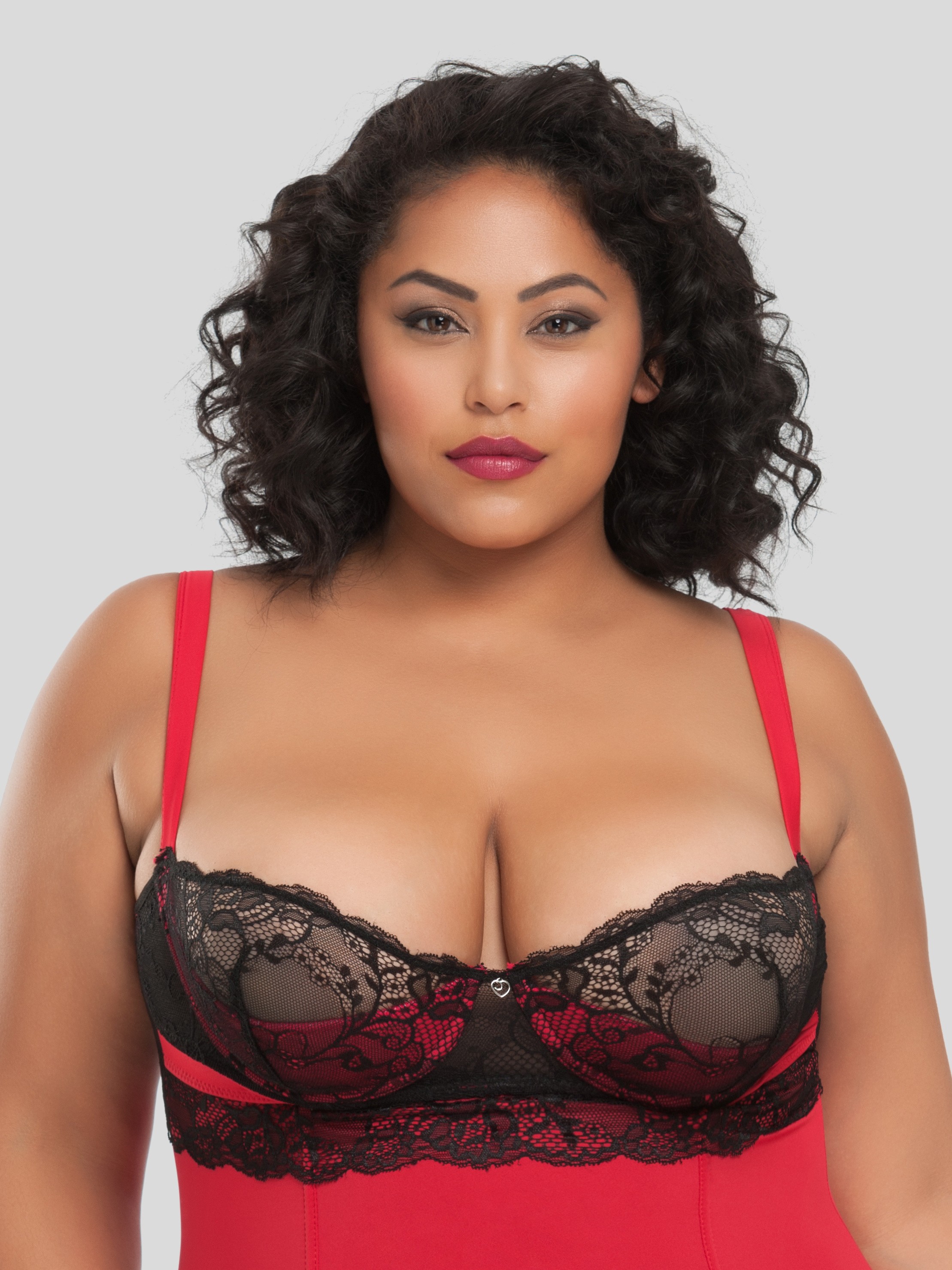 Lovehoney Kiss Me Underwired Black Basque Set, Red, hi-res