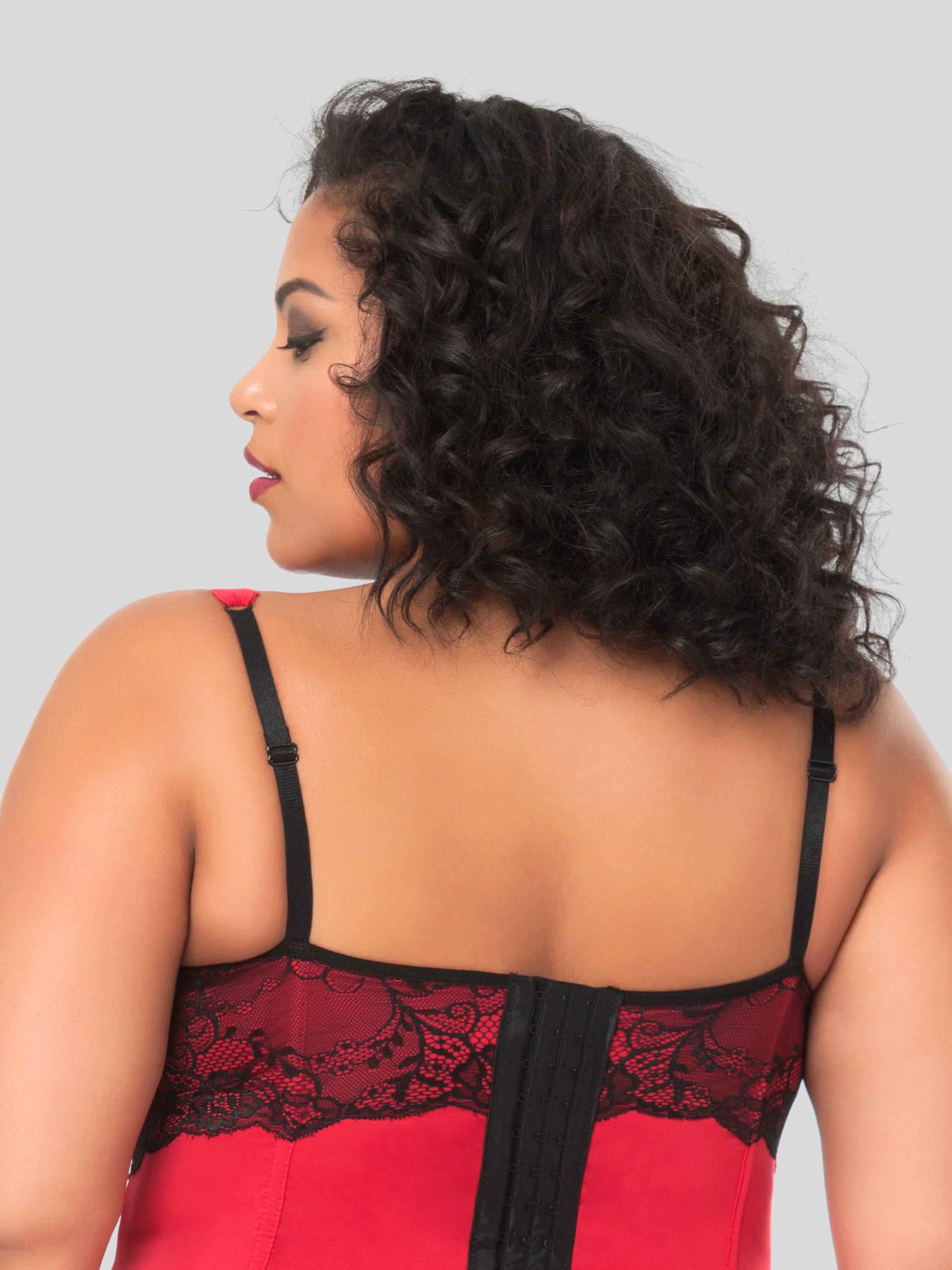 Lovehoney Kiss Me Underwired Black Basque Set, Red, hi-res