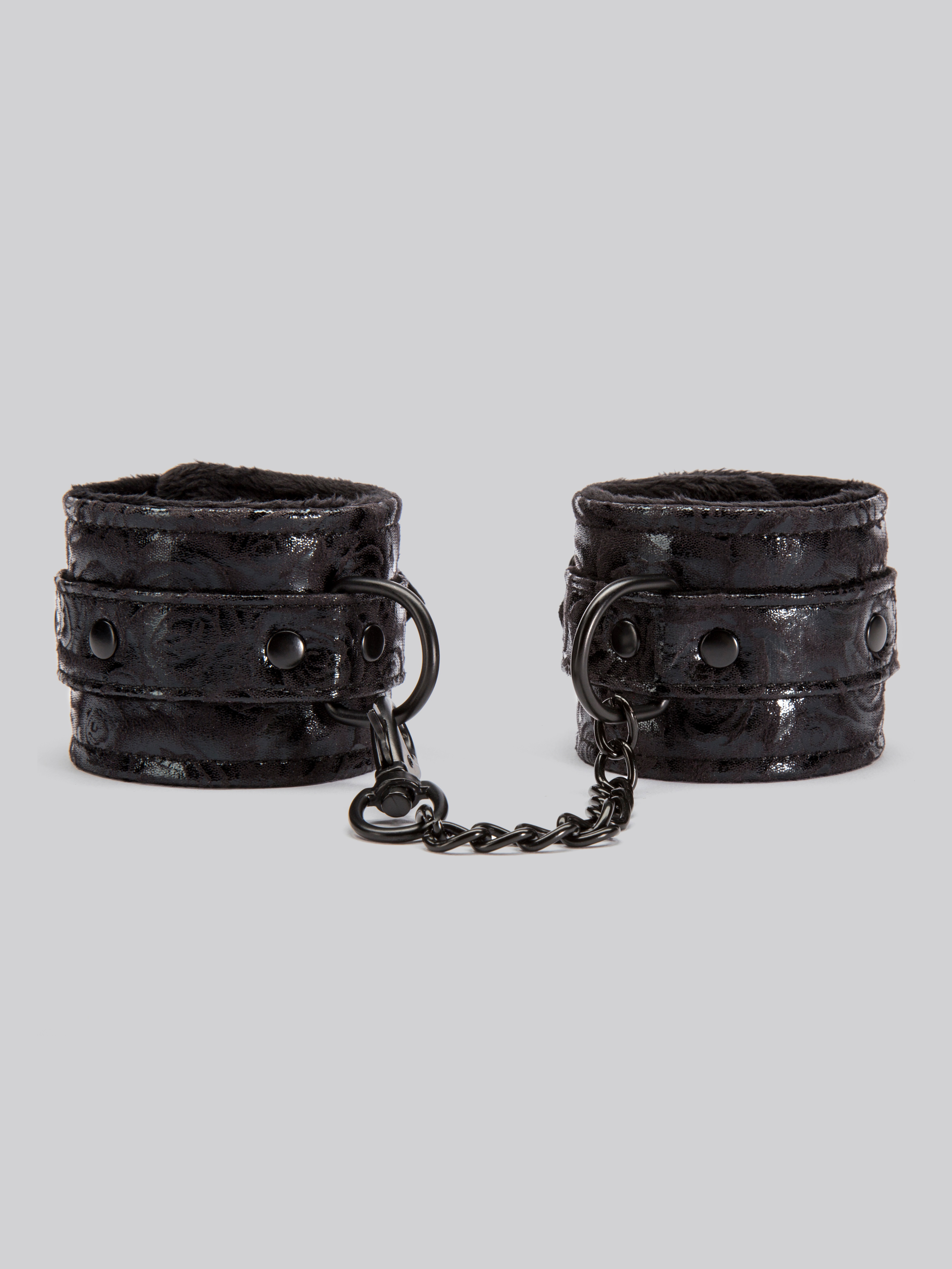 Bondage Boutique Black Rose Faux Fur Lined Wrist Cuffs, Black, hi-res