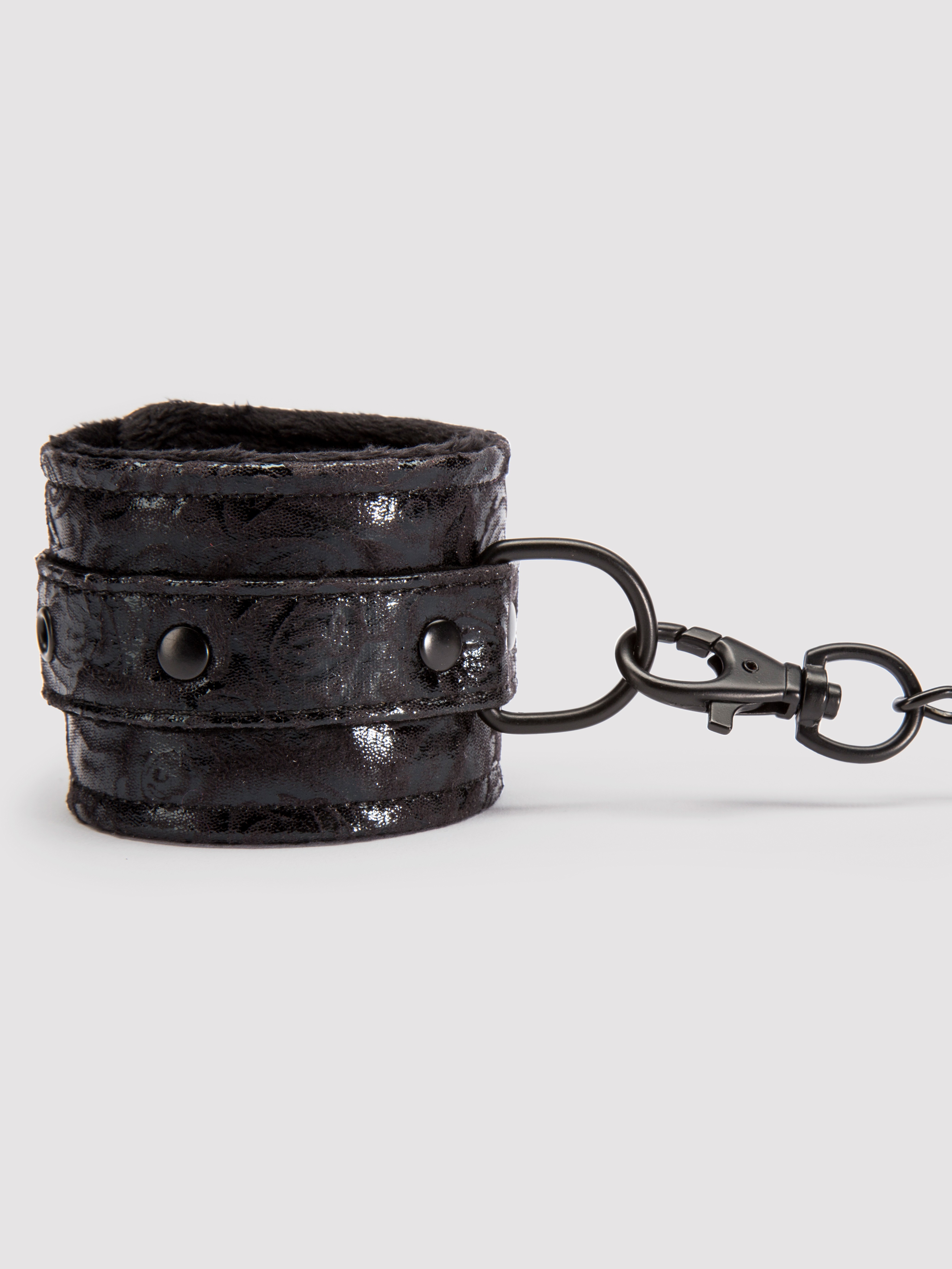 Bondage Boutique Black Rose Faux Fur Lined Wrist Cuffs, Black, hi-res