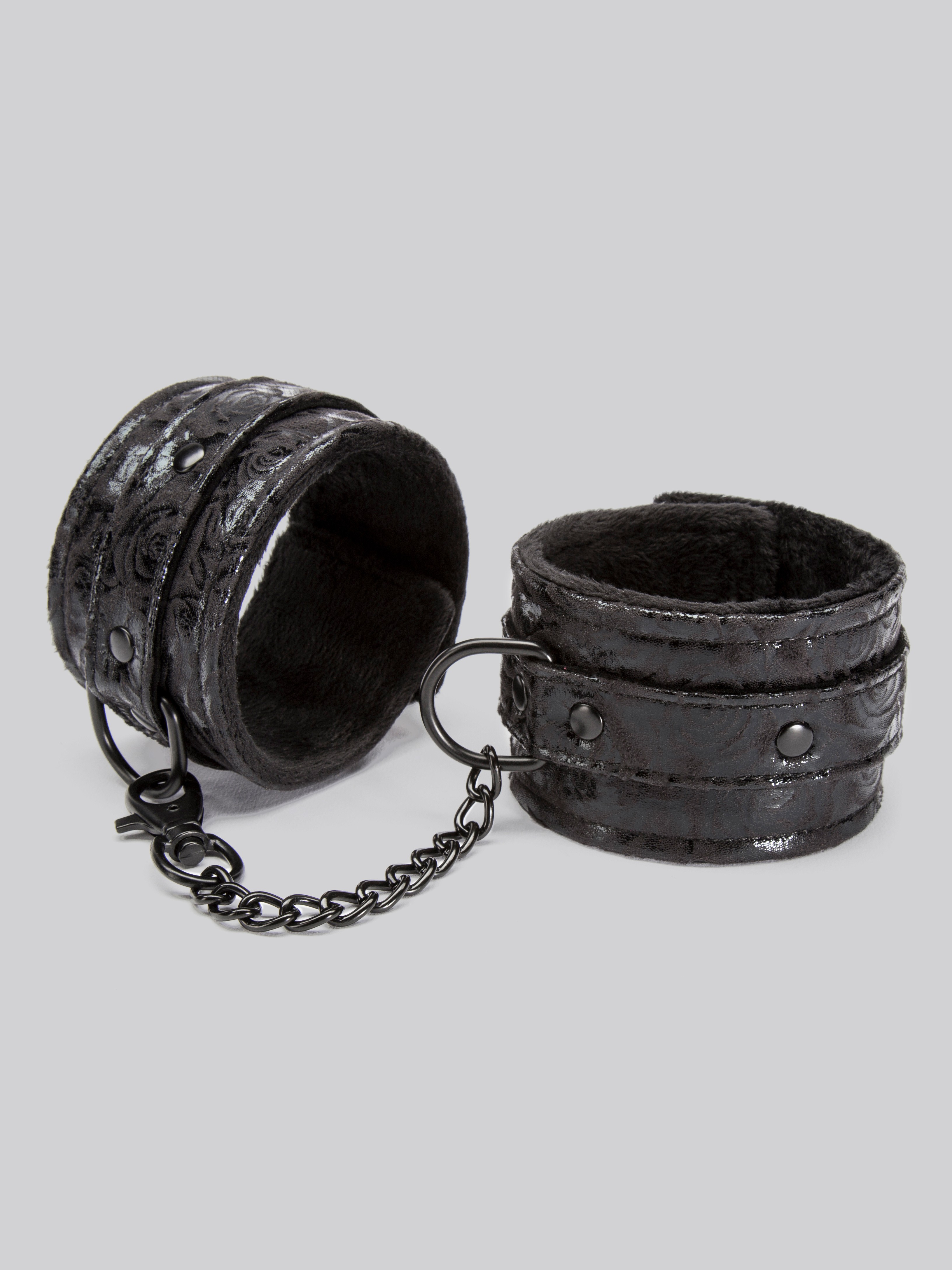 Bondage Boutique Black Rose Faux Fur Lined Ankle Cuffs, Black, hi-res