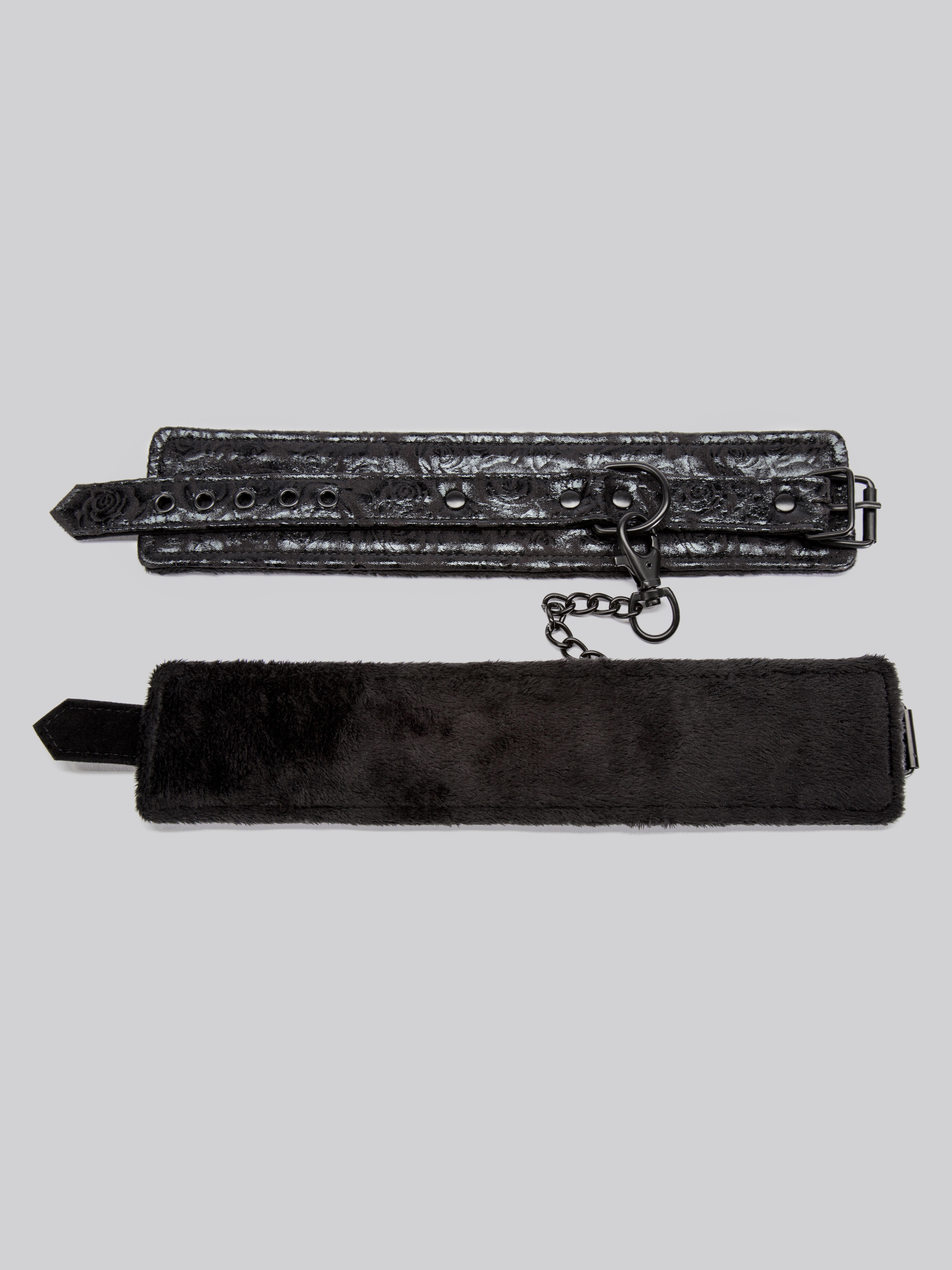 Bondage Boutique Black Rose Faux Fur Lined Ankle Cuffs, Black, hi-res