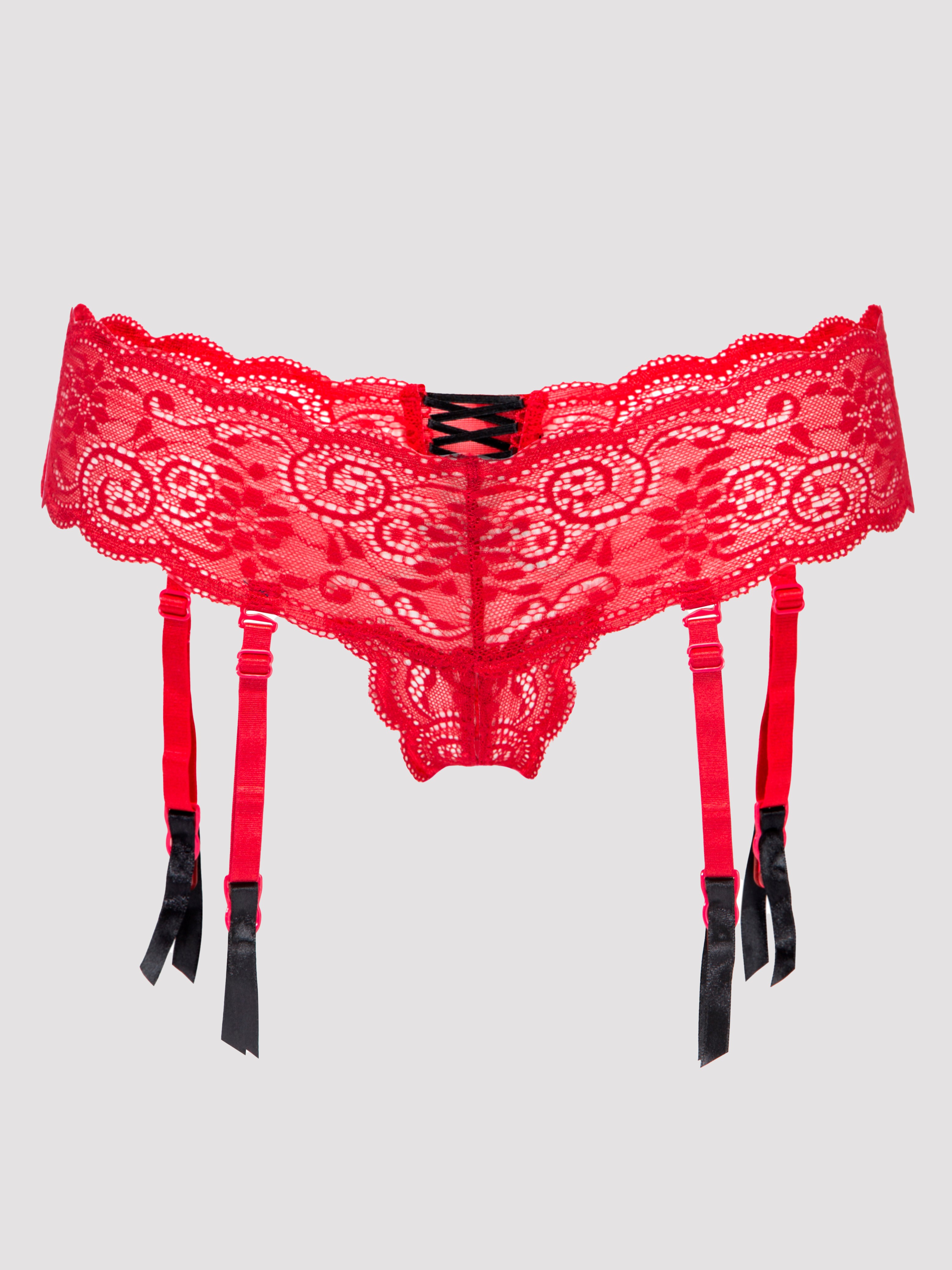 Lovehoney Crotchless Lace Suspender Thong, Red, hi-res