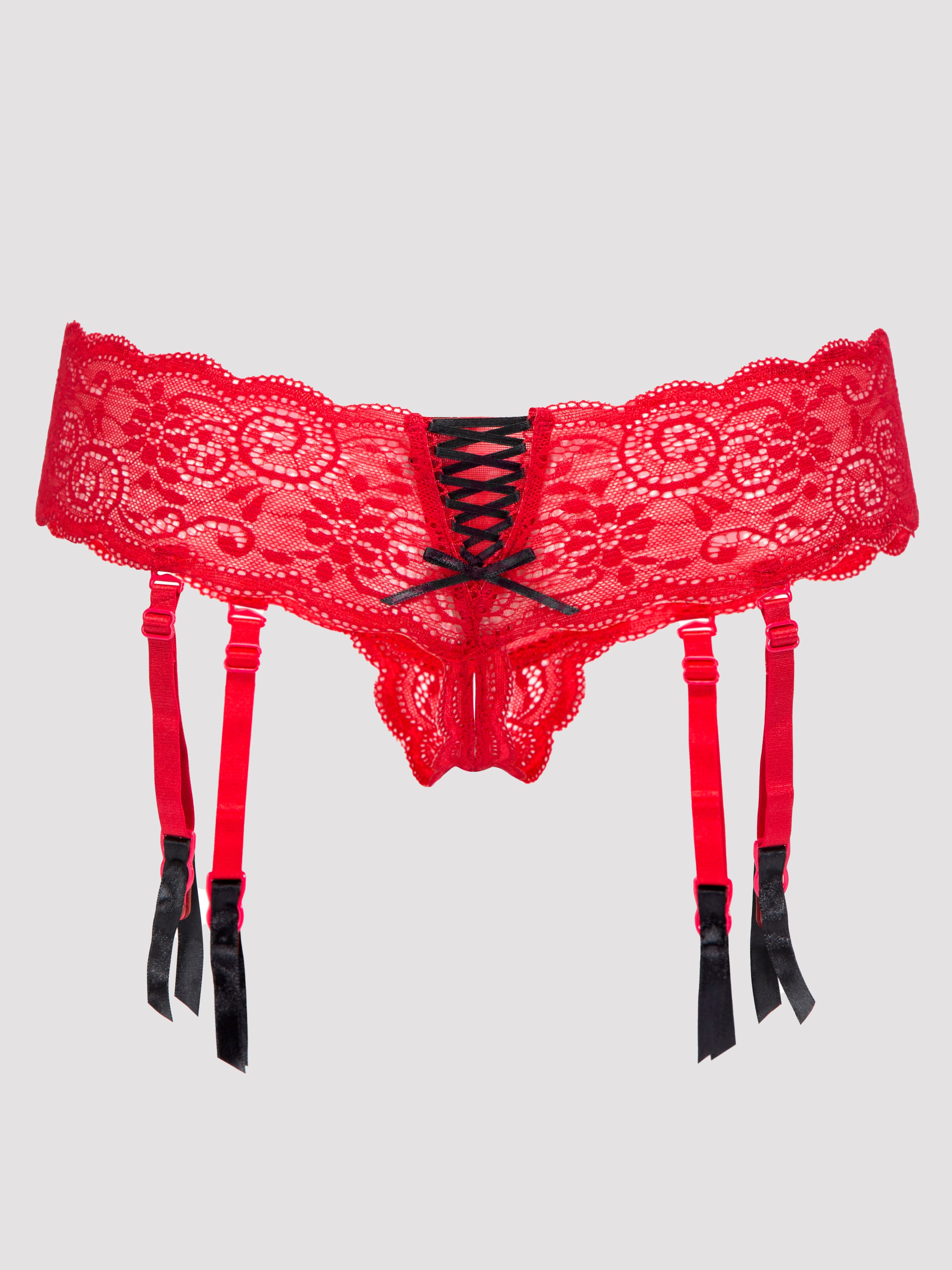 Lovehoney Crotchless Lace Suspender Thong, Red, hi-res