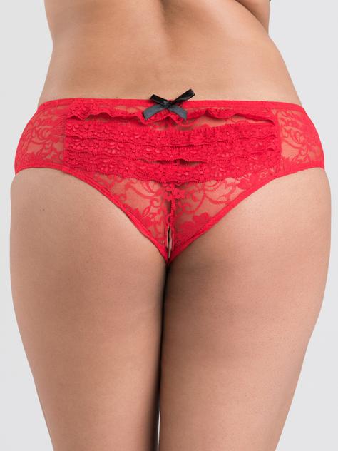 Lovehoney Red Crotchless Lace Ruffle-Back Panties, Red, hi-res
