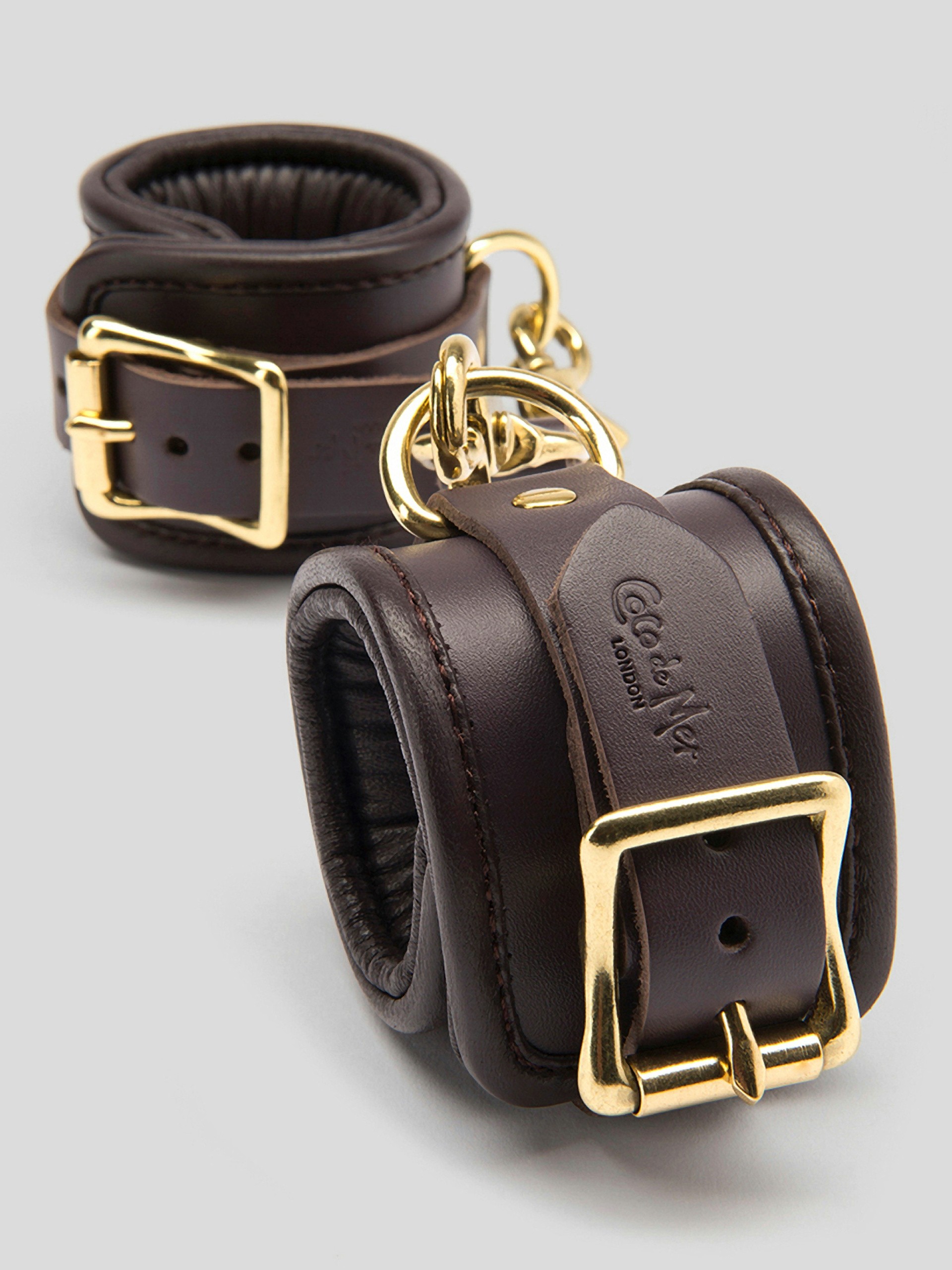 Coco de Mer Brown Leather Wrist Cuffs S/M, Brown, hi-res