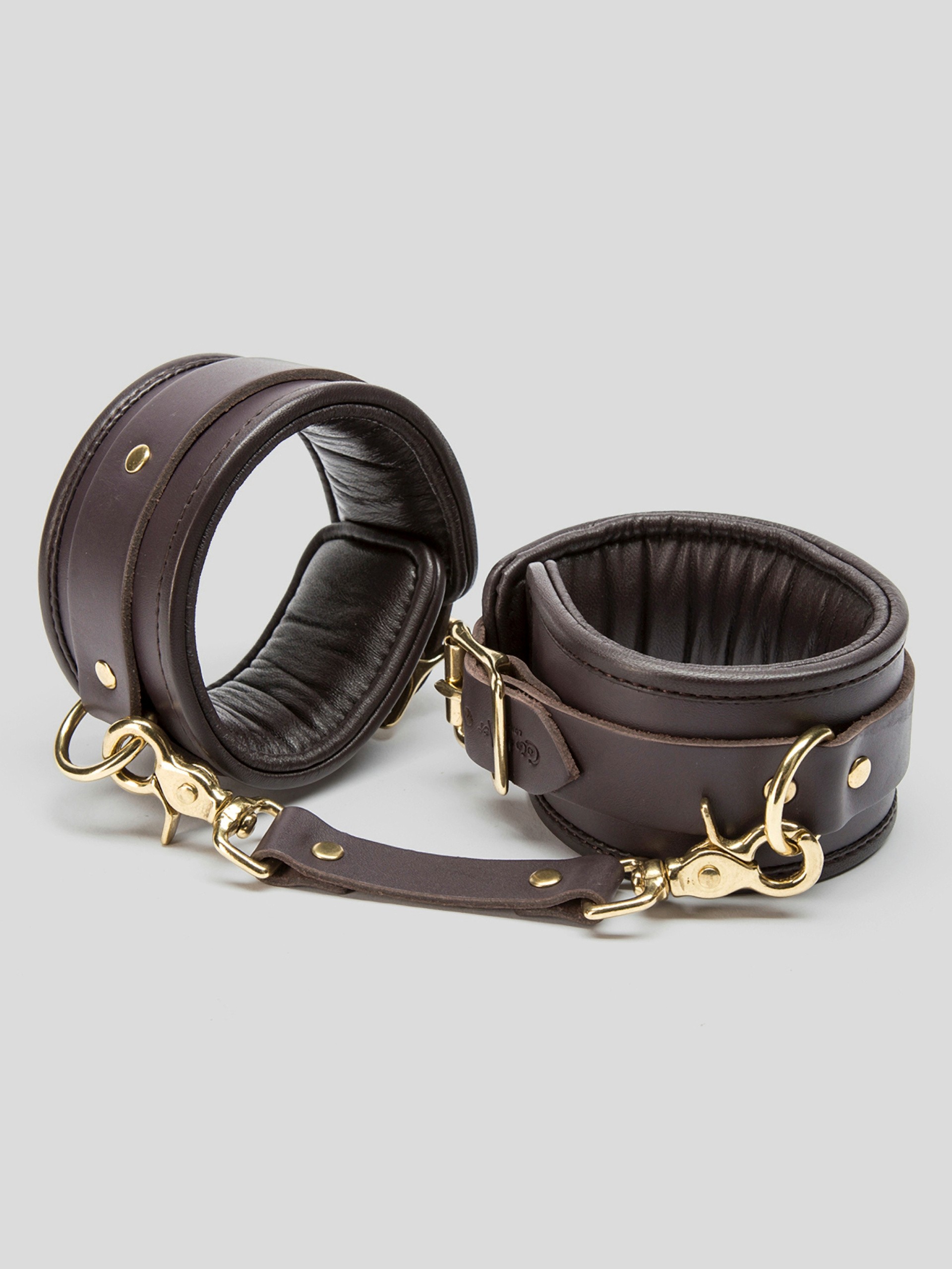 Coco de Mer Brown Leather Wrist Cuffs L/XL, Brown, hi-res