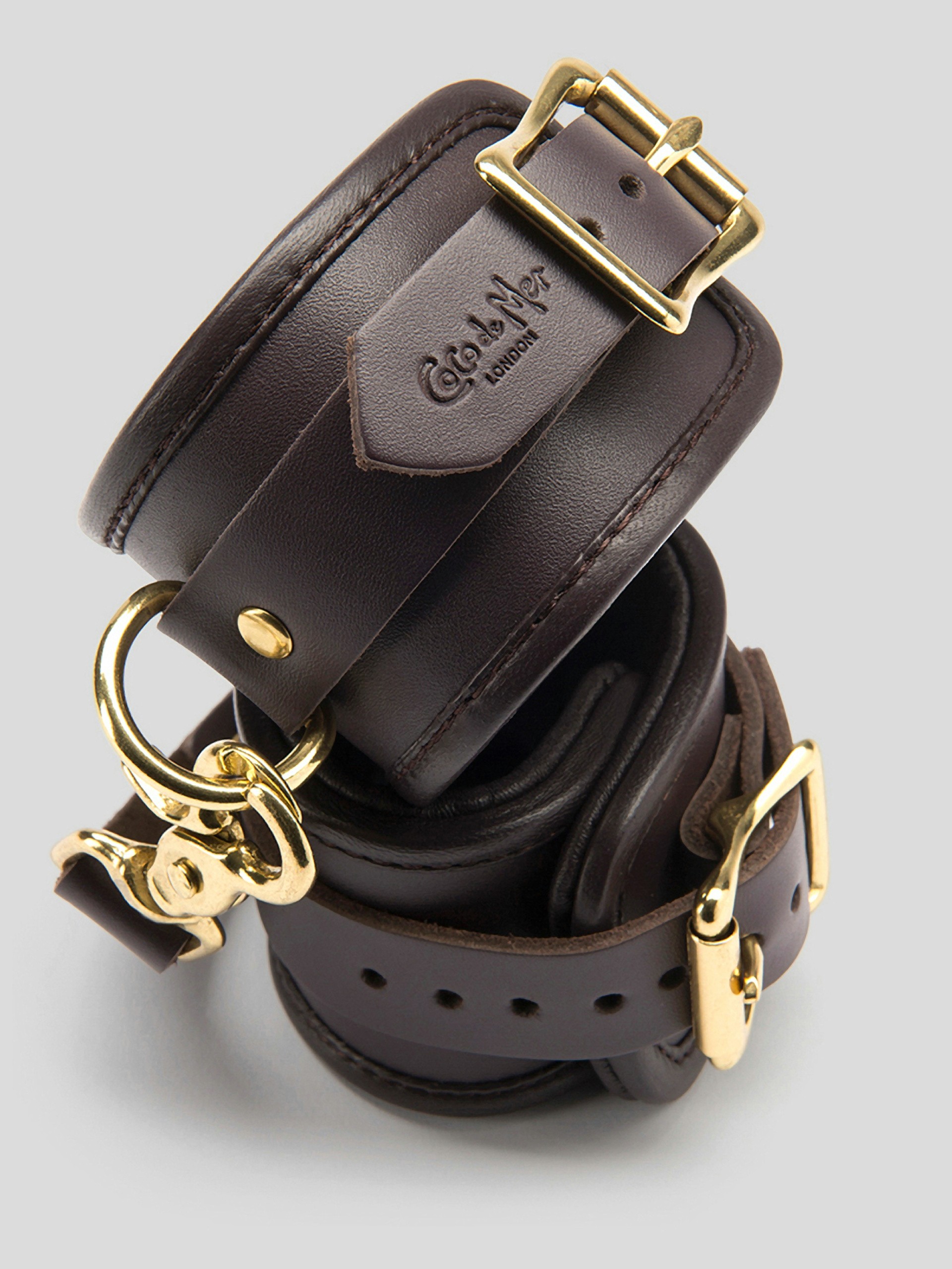 Coco de Mer Brown Leather Wrist Cuffs L/XL, Brown, hi-res