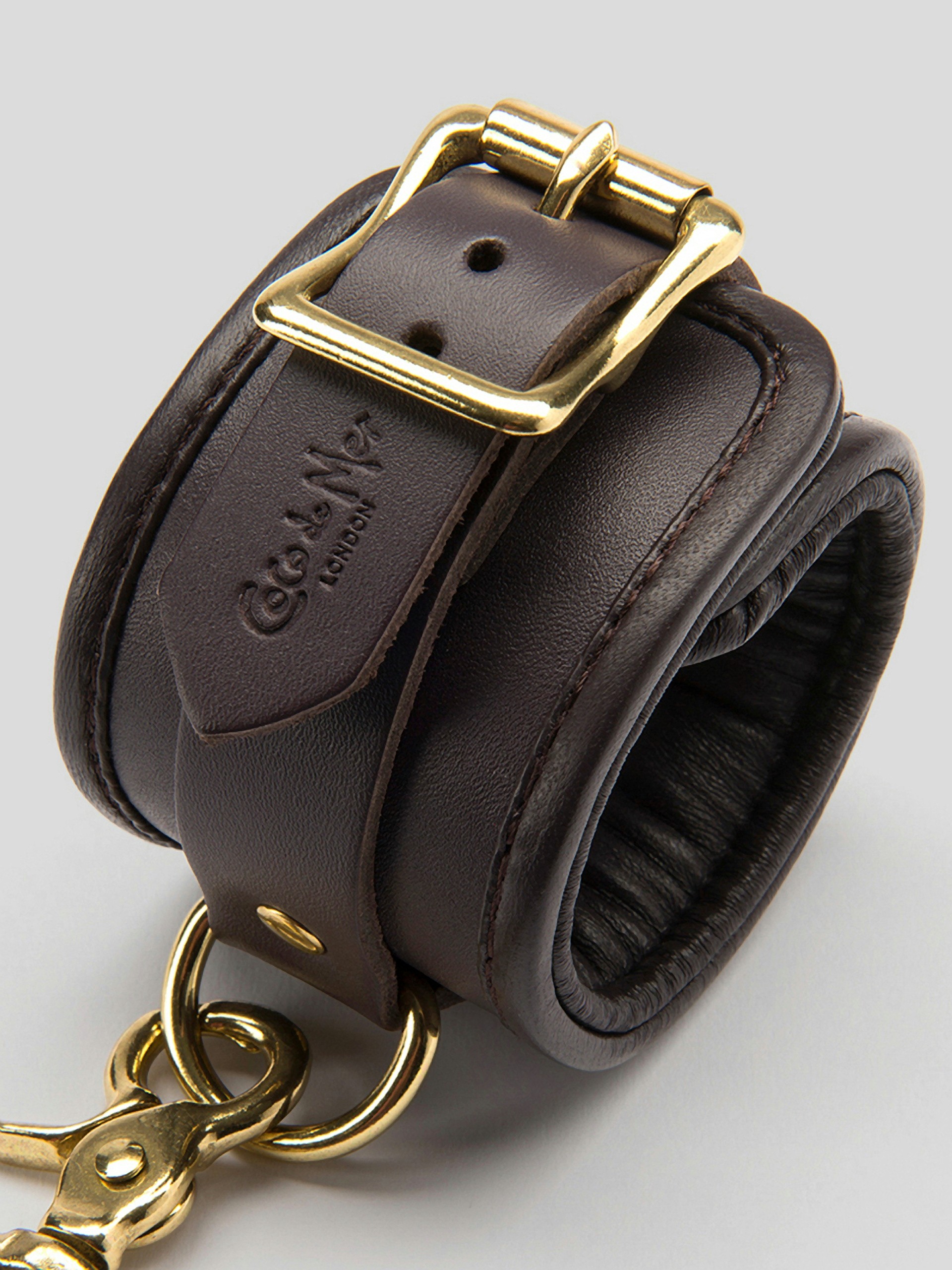 Coco de Mer Brown Leather Wrist Cuffs L/XL, Brown, hi-res