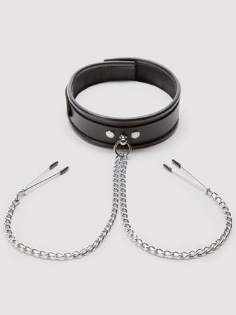 DOMINIX Deluxe Leather Collar with Nipple Clamps