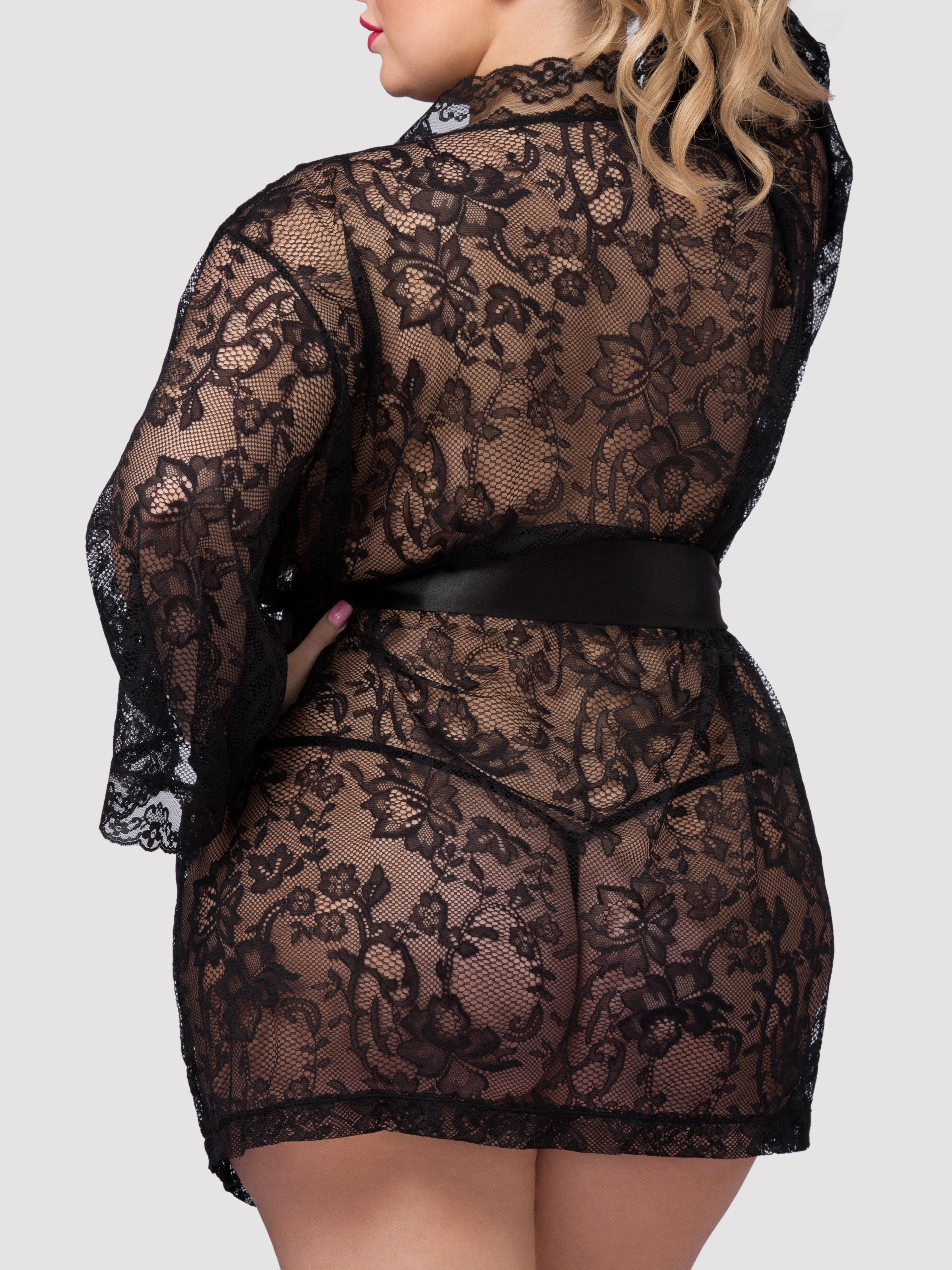 Lovehoney Flaunt Me Black Lace Robe, Black, vanilla