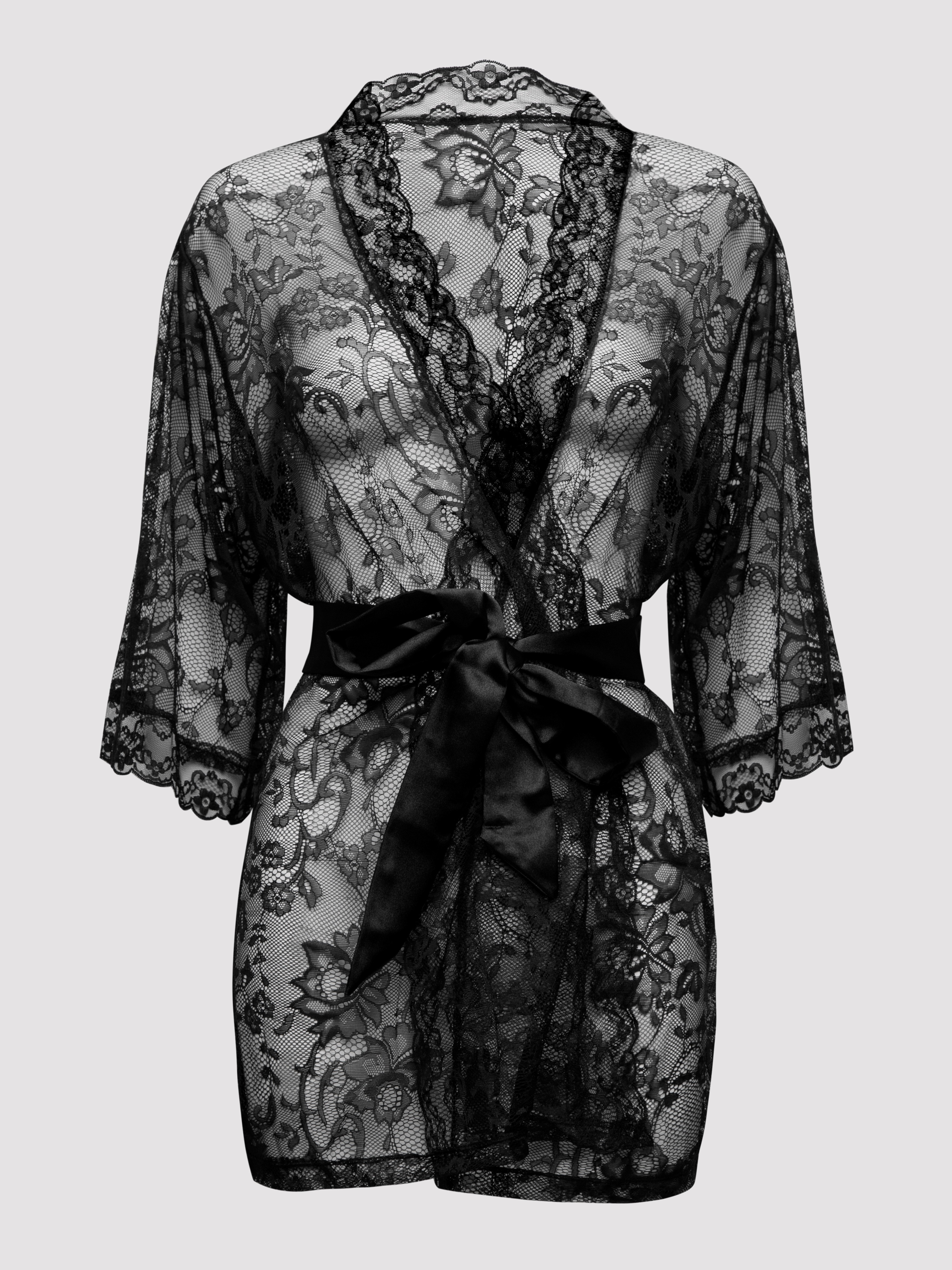 Lovehoney Flaunt Me Black Lace Robe, Black, vanilla