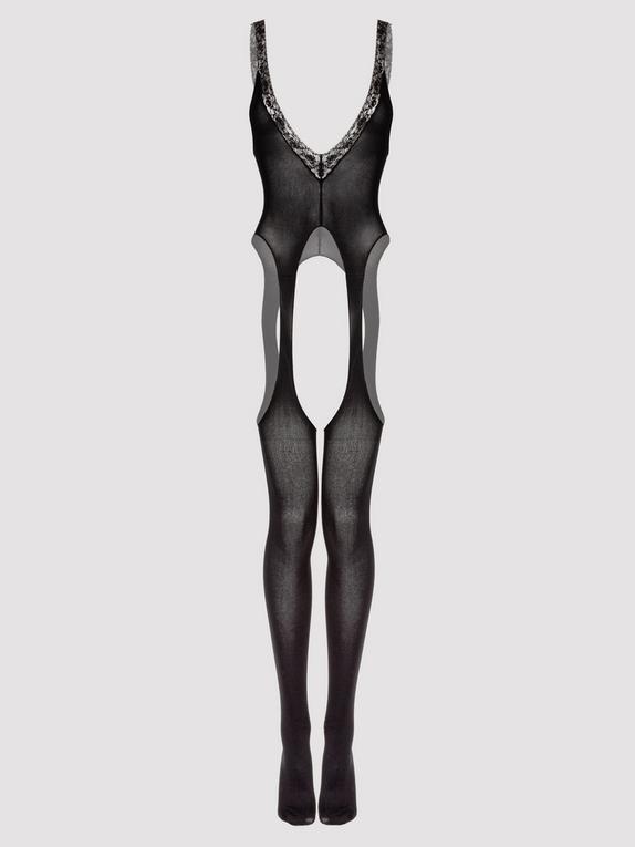 Lovehoney Pure Lust Plunging Crotchless Bodystocking, Black, hi-res