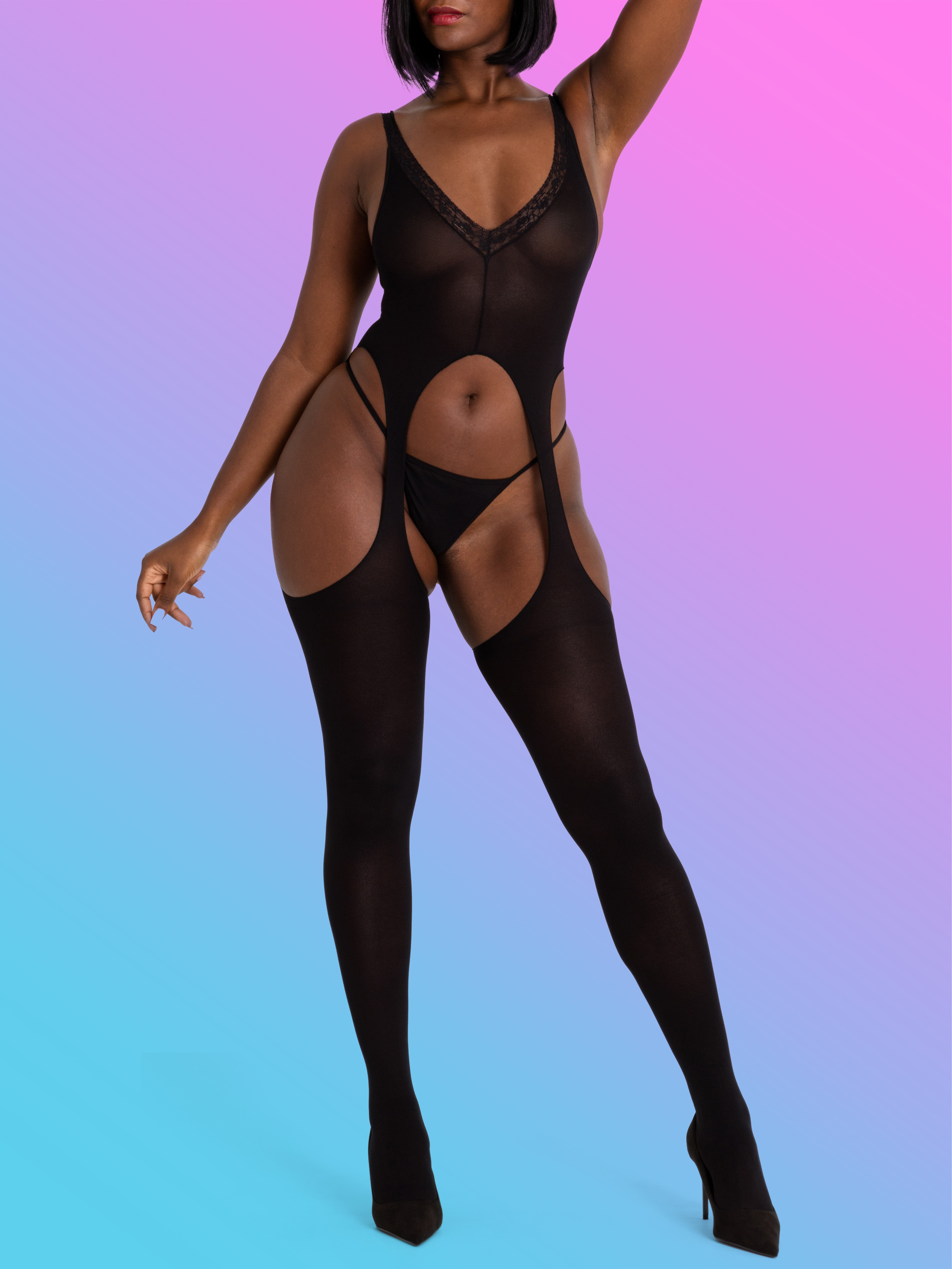 Lovehoney Pure Lust Plunging Crotchless Bodystocking, Black, hi-res