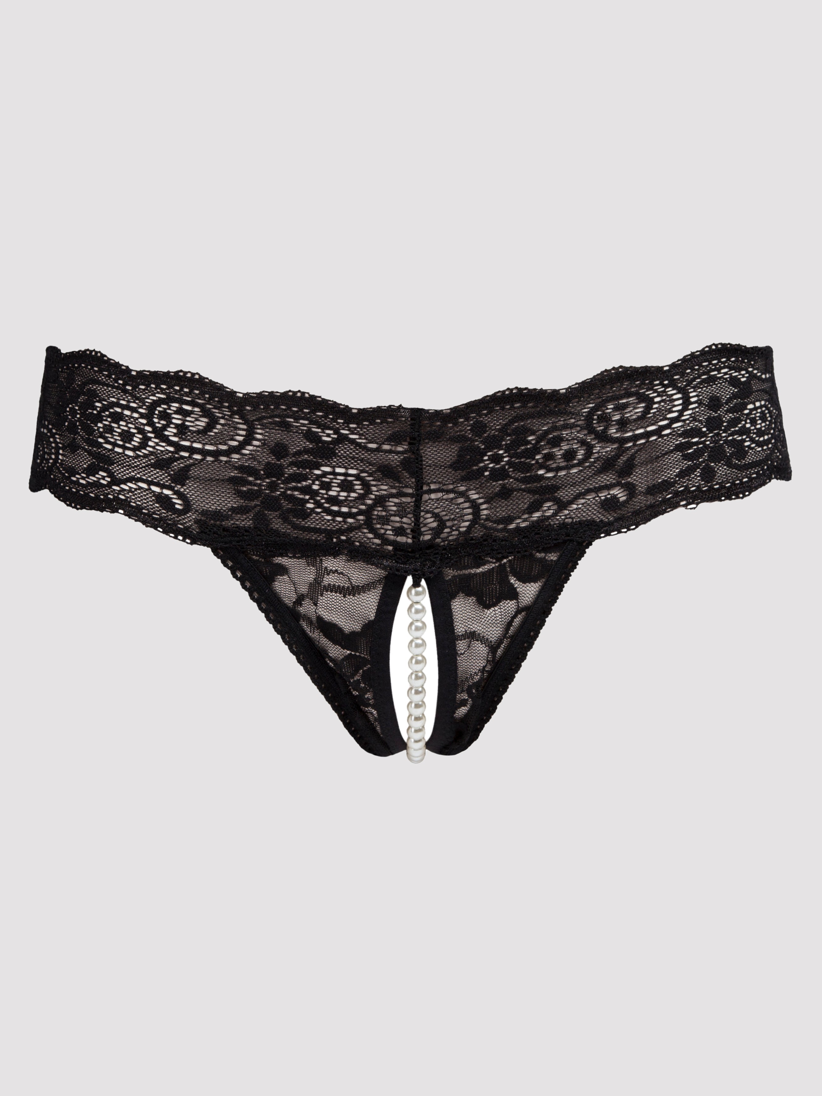 Lovehoney Crotchless Pearl Thong, Black, hi-res