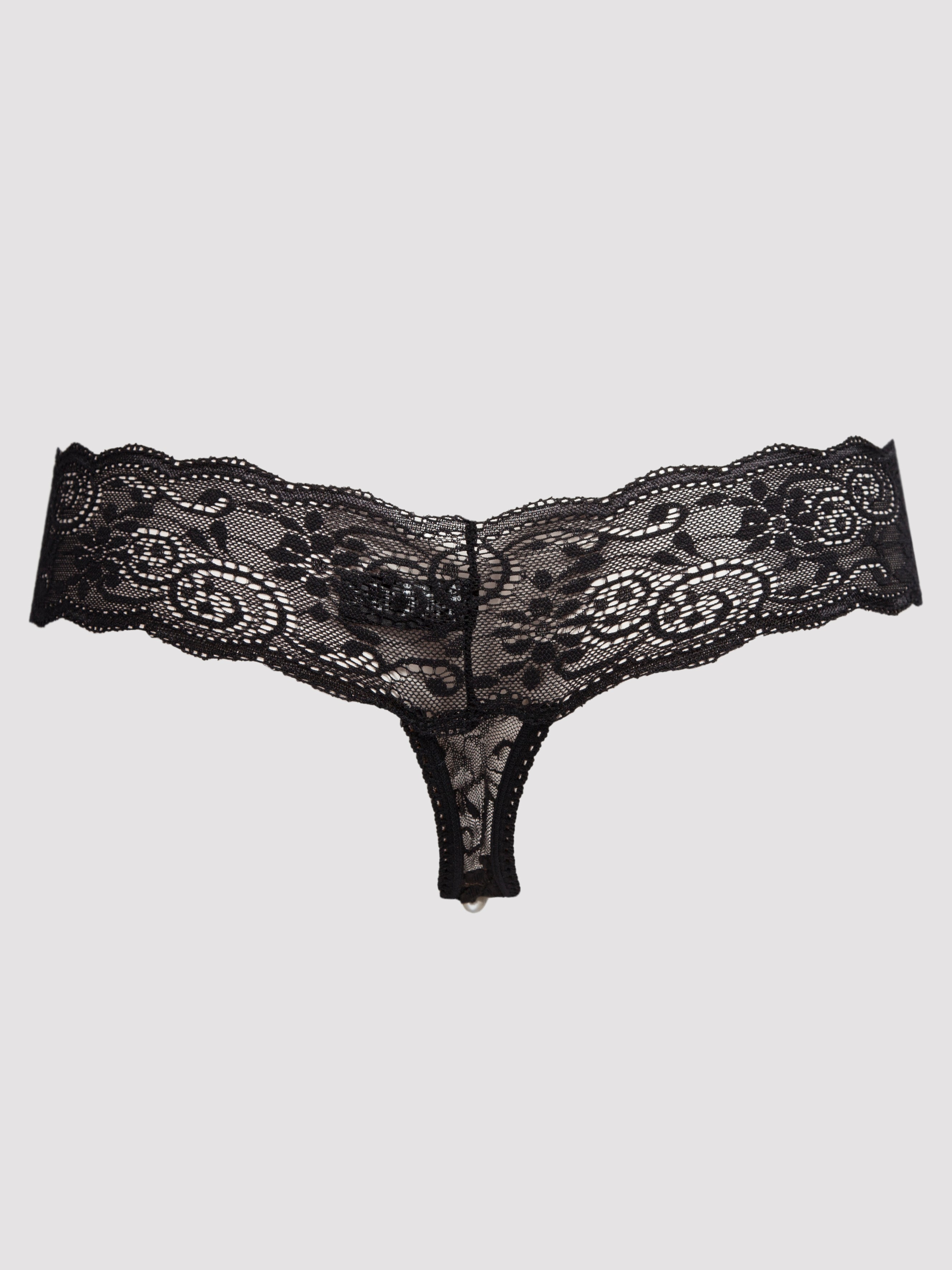 Lovehoney Crotchless Pearl Thong, Black, hi-res