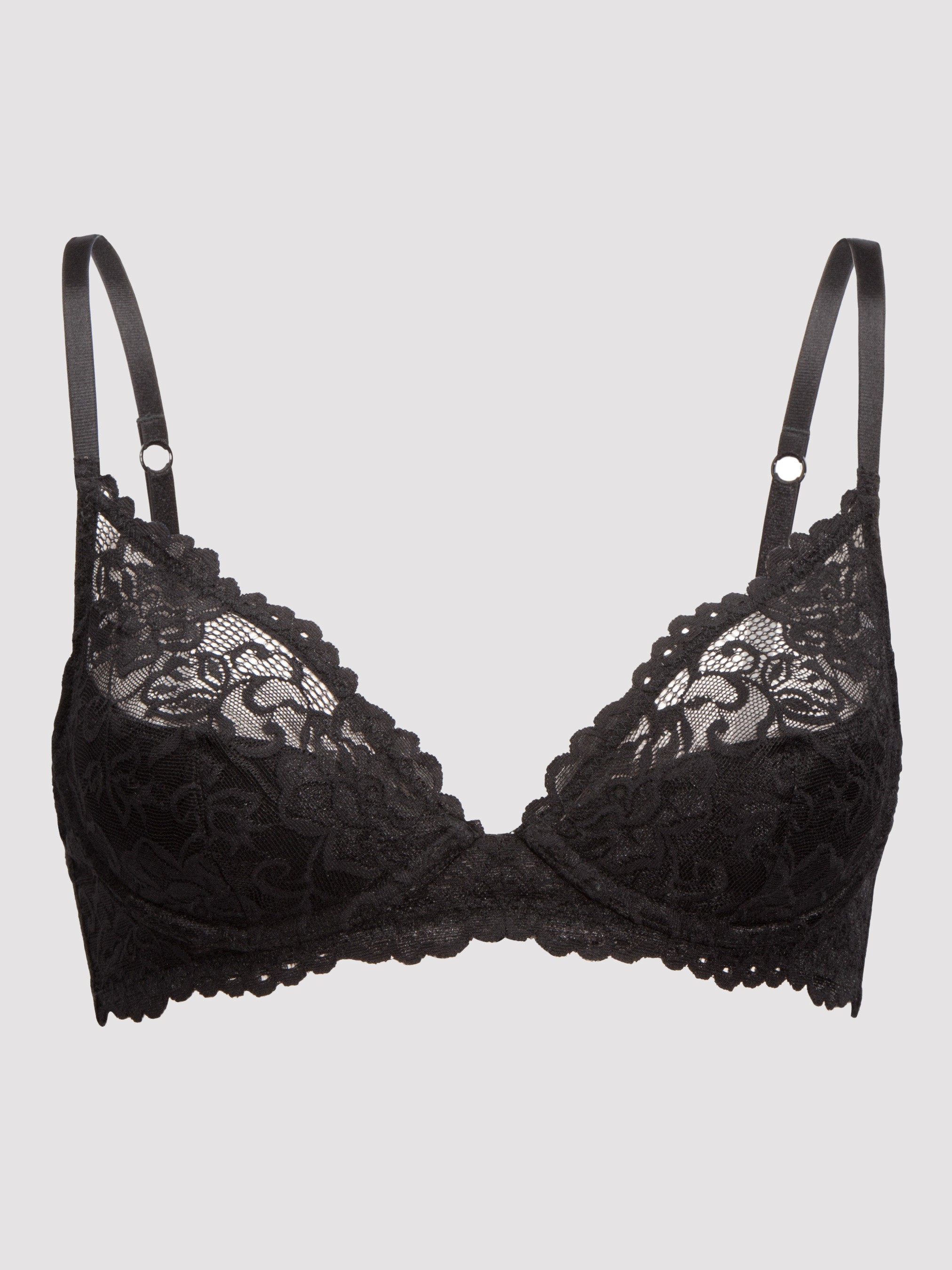 Lovehoney Flirty Underwired Plunge Bra Black, Black, vanilla