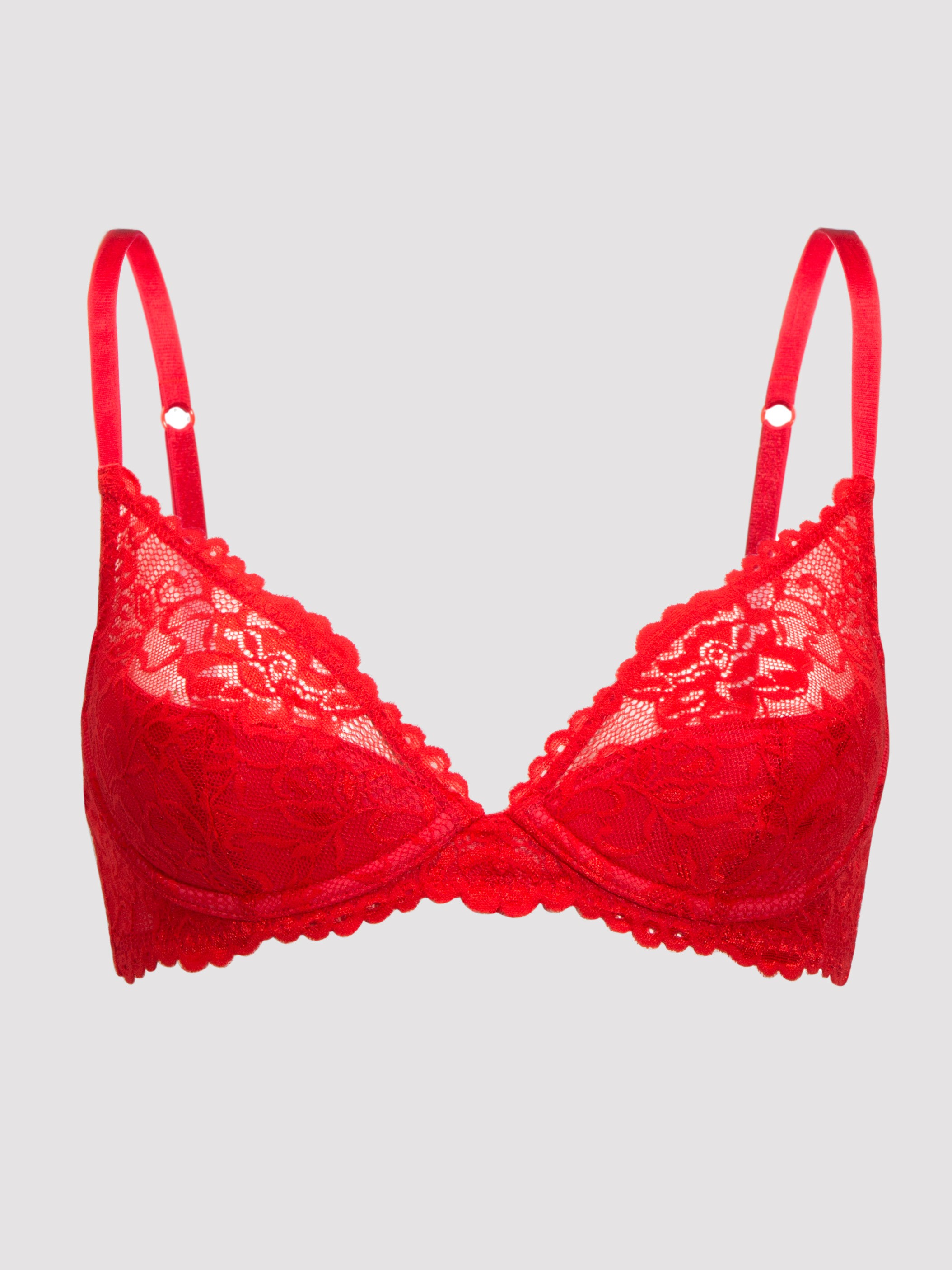 Lovehoney Flirty Underwired Plunge Bra Black, Red, vanilla