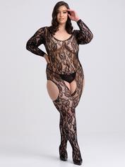 Lovehoney Plus Size Long Sleeve Lace Suspender Bodystocking, Negro , hi-res
