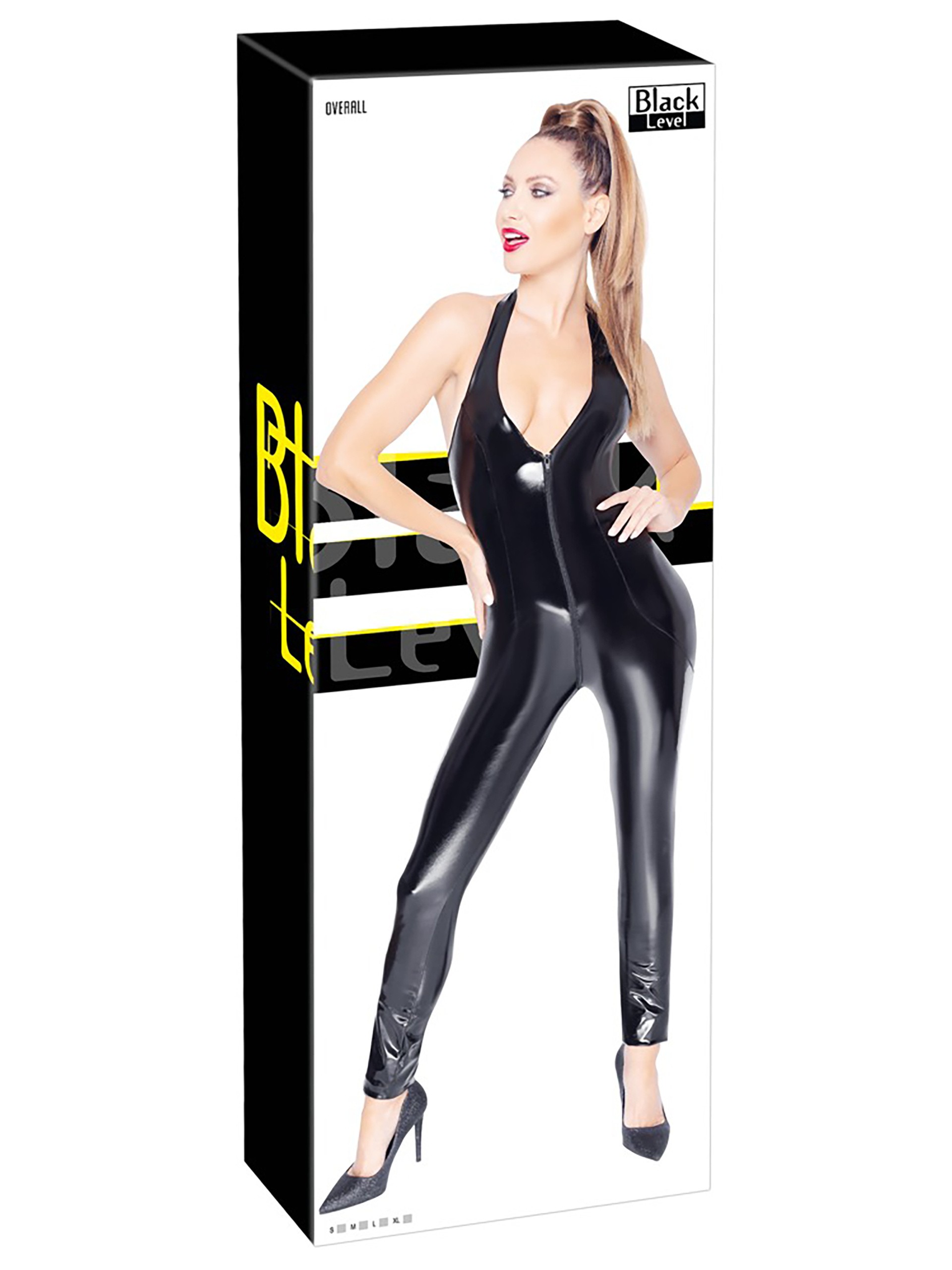 Black Level PVC Plunge Catsuit, Black, hi-res