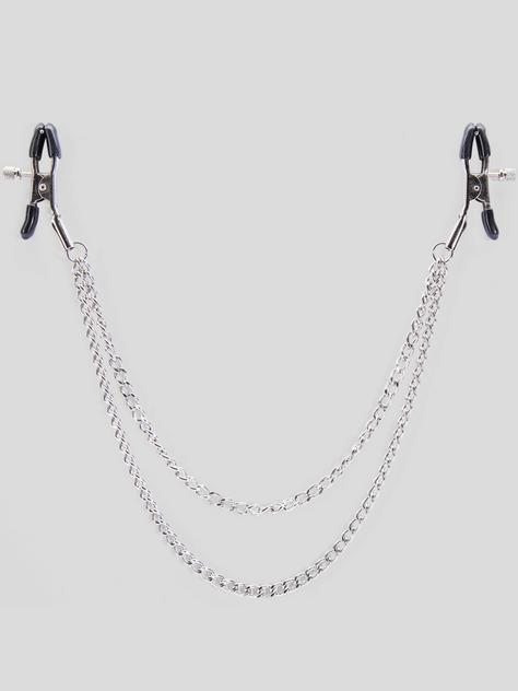 Bondage Boutique Adjustable Nipple Clamps with Double Chain, Silver, hi-res