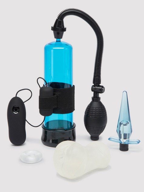Any Tom, Dick or Harry can knock out an offhand orgasm but it's a true connoisseur who chooses to explore and refine their pleasure. Lead a voyage of discovery with this butt plug, cock ring, masturbator and penis pump set to uncover fresh new sensations. Featuring tools that could help to give you a bigger and harder erection, spark anal exploration, and pleasure your member with vibrations and thrusting stimulation, incredible sexual adventures await however you choose to play. Penis Pump with Detachable Vibrator Pump your pecker into a super-schlong with this penis pump, and enjoy tingling stimulation along the way thanks to the detachable bullet vibrator. The air pump can help to engorge your erection with blood for increased length and girth, while the vibe's 3 speeds and 4 patterns can be enjoyed both with the pump and without. For best results, use for 30 minutes per day with a break every 10 minutes. If pumping regularly, we recommend moisturising after every use to avoid dryness. Doughnut Cock Ring This thick and stretchy cock ring is ideal for beginners, creating comfortable restraint around the base of your shaft. Use with the penis pump to max out your super-sized schlong time. Stroker A realistic entry thrills from the off, while the clear TPE material means you can watch every stroke. Grip the toy to manually up the internal sensation and push yourself to climax. This toy can be used for edging – when you bring yourself or your partner close to orgasm, stop or slow down before orgasm is reached, then build back up to approach orgasm again. You can repeat this as many times as you like. Some people find this technique can help to delay and/or increase the intensity of their orgasm (results may vary). Vibrating Butt Plug Tapered into a slimline tip for easy insertion, this multispeed vibrating plug is the simplest way to increase your satisfaction. A safe T-bar base means you can play with peace of mind. Use all accessories with water-based lube for the