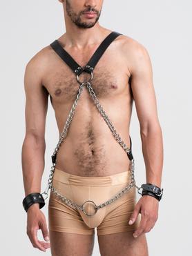 DOMINIX Deluxe Leather and Chain Harness with Cock Ring and Cuffs