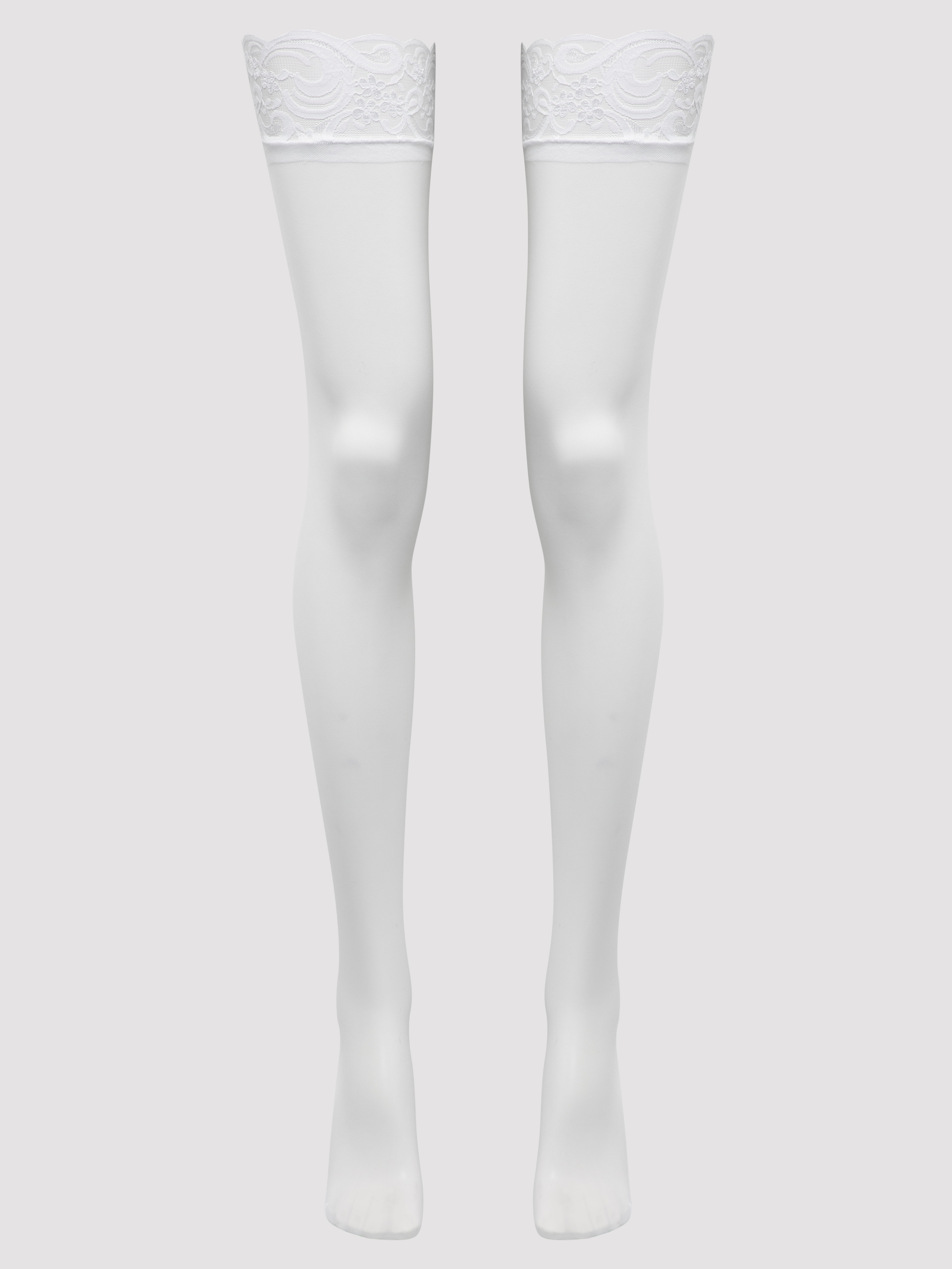 Lovehoney Sheer Black Lace Top Thigh-High Stockings, White, vanilla