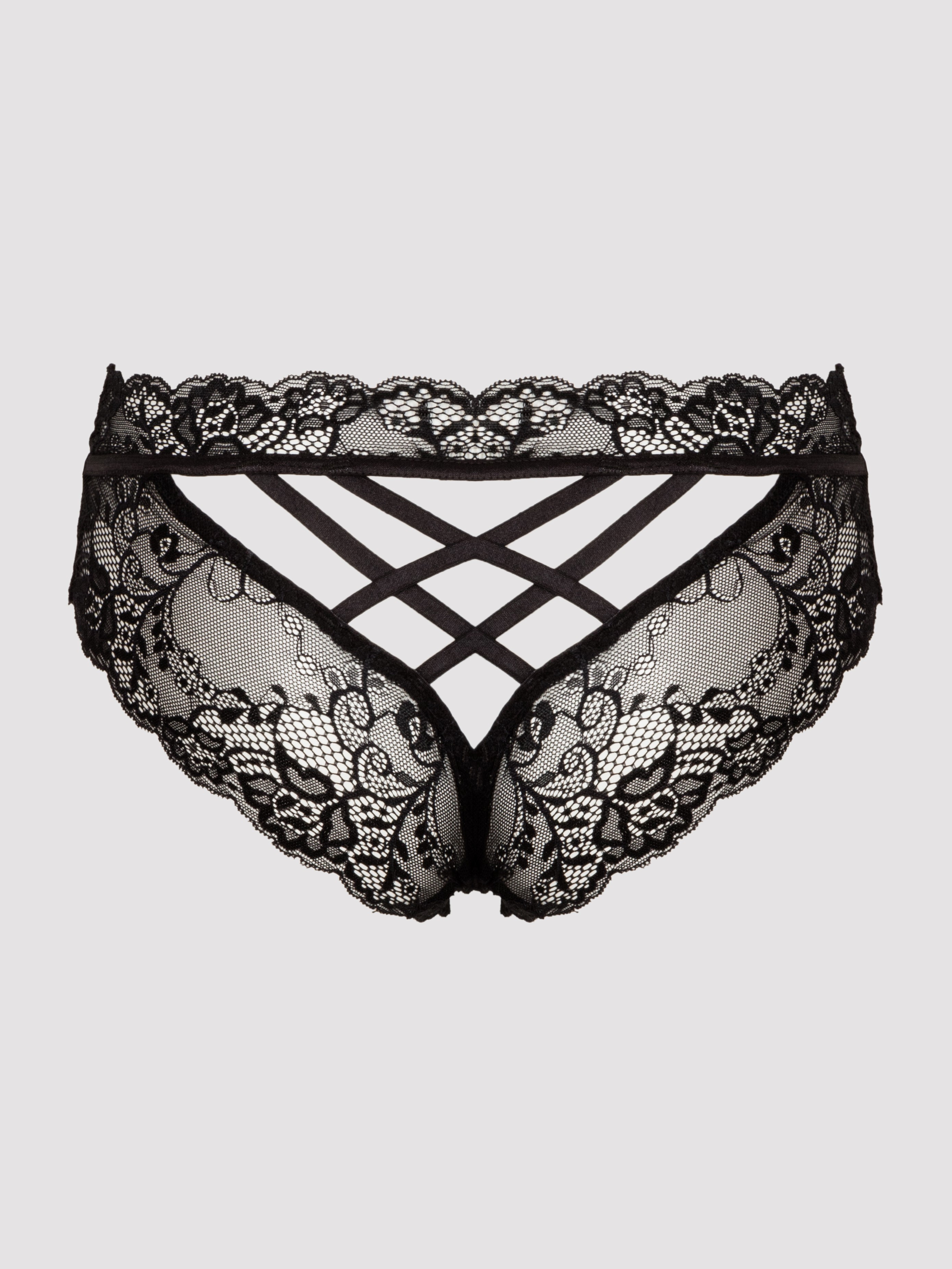 Lovehoney Criss-Cross Crotchless Panties, Black, hi-res