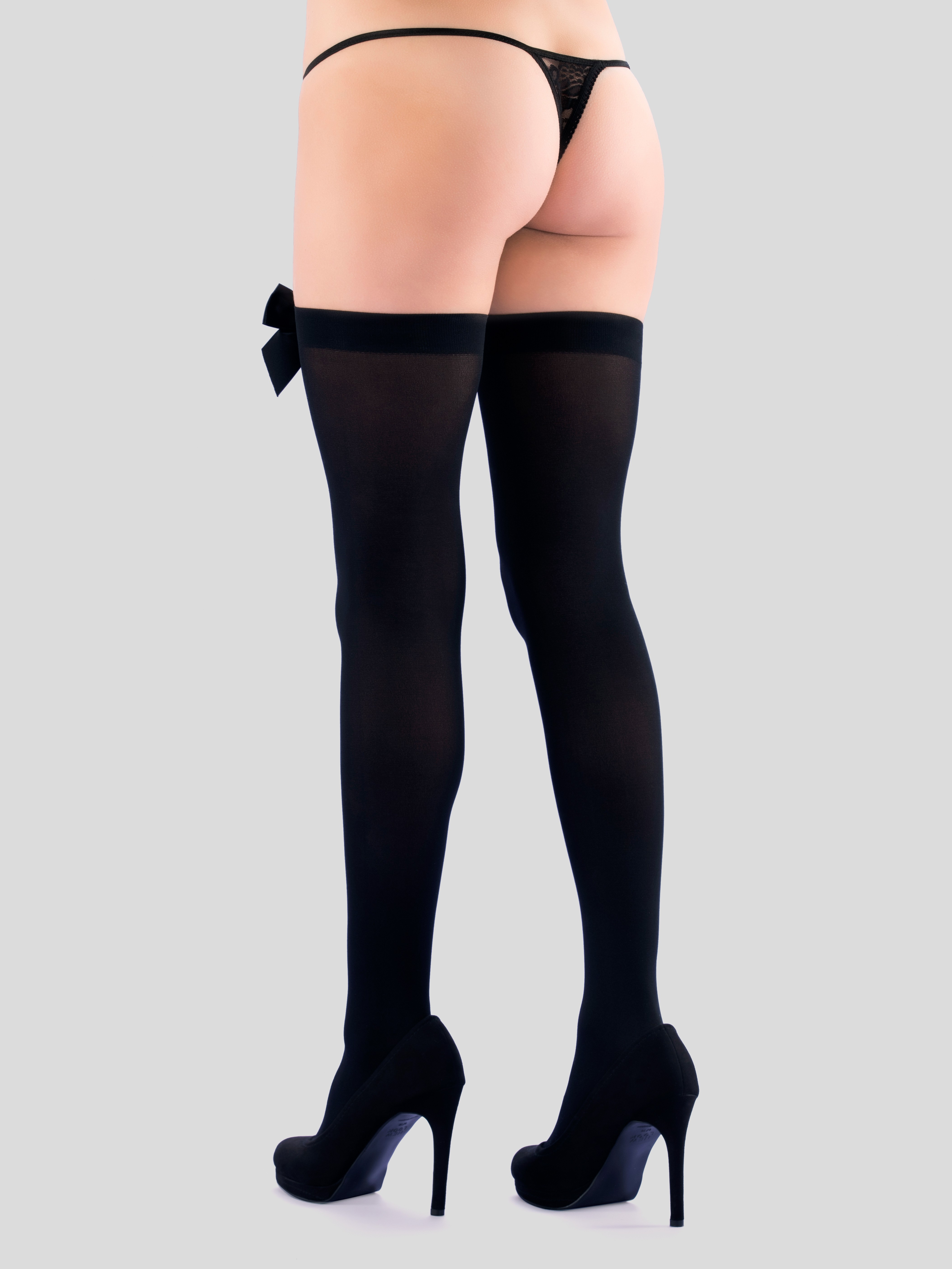Lovehoney Opaque Black Stockings with Black Bows, Black, hi-res