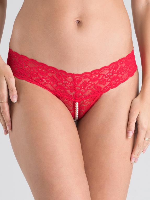 Lovehoney Crotchless Pearl Thong, Red, hi-res
