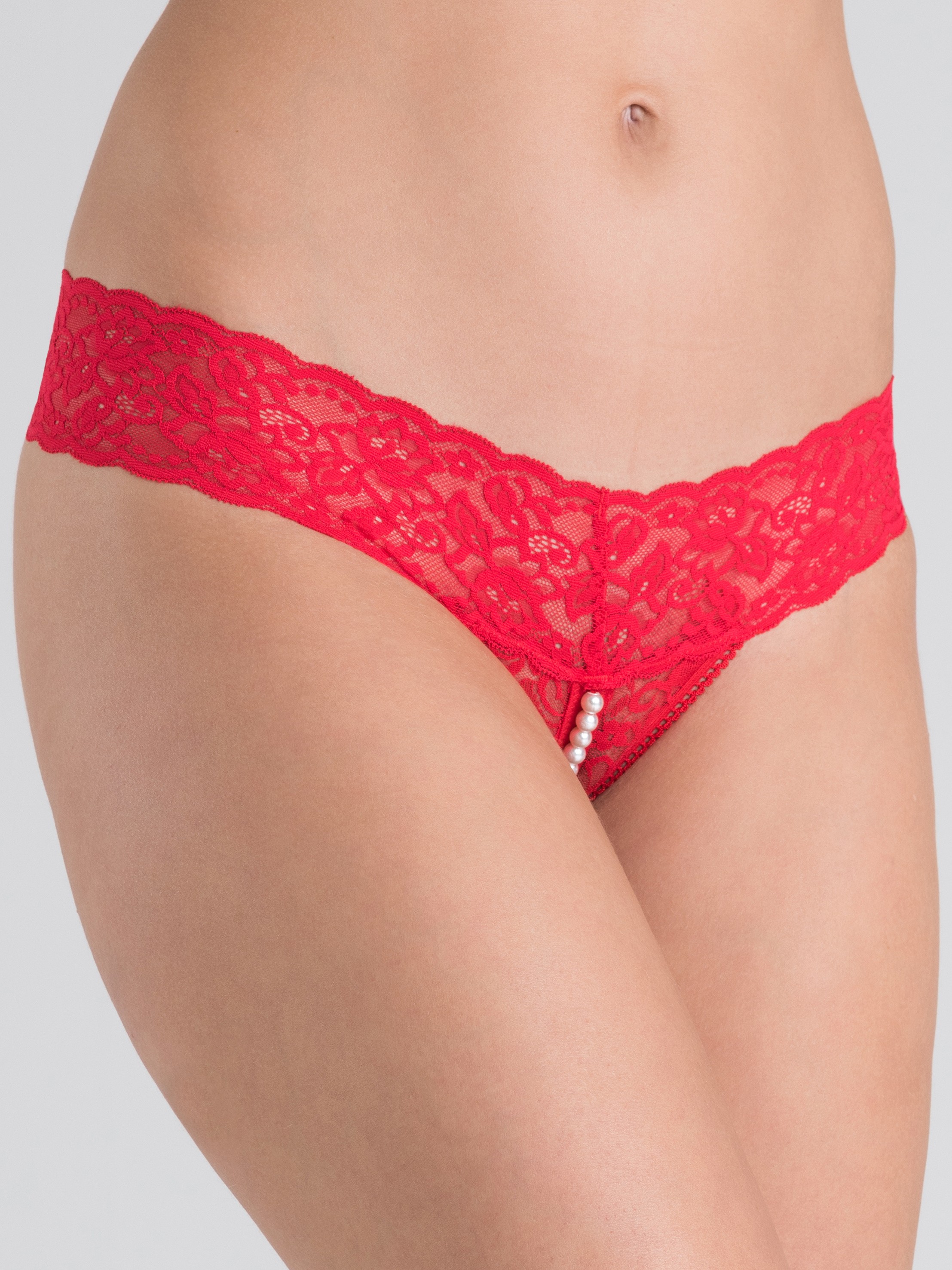 Lovehoney Crotchless Pearl Thong, Red, hi-res