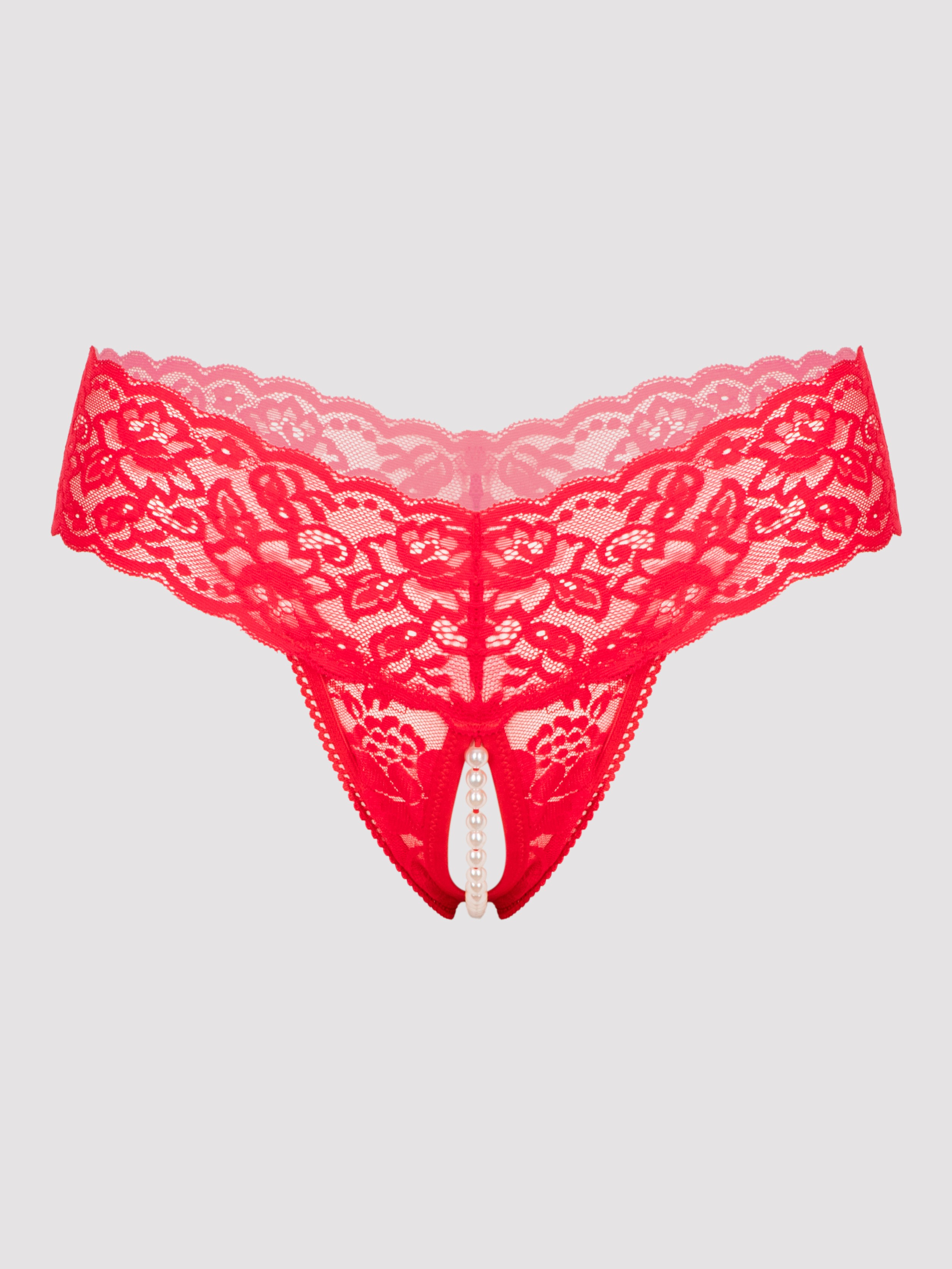 Lovehoney Crotchless Pearl Thong, Red, hi-res