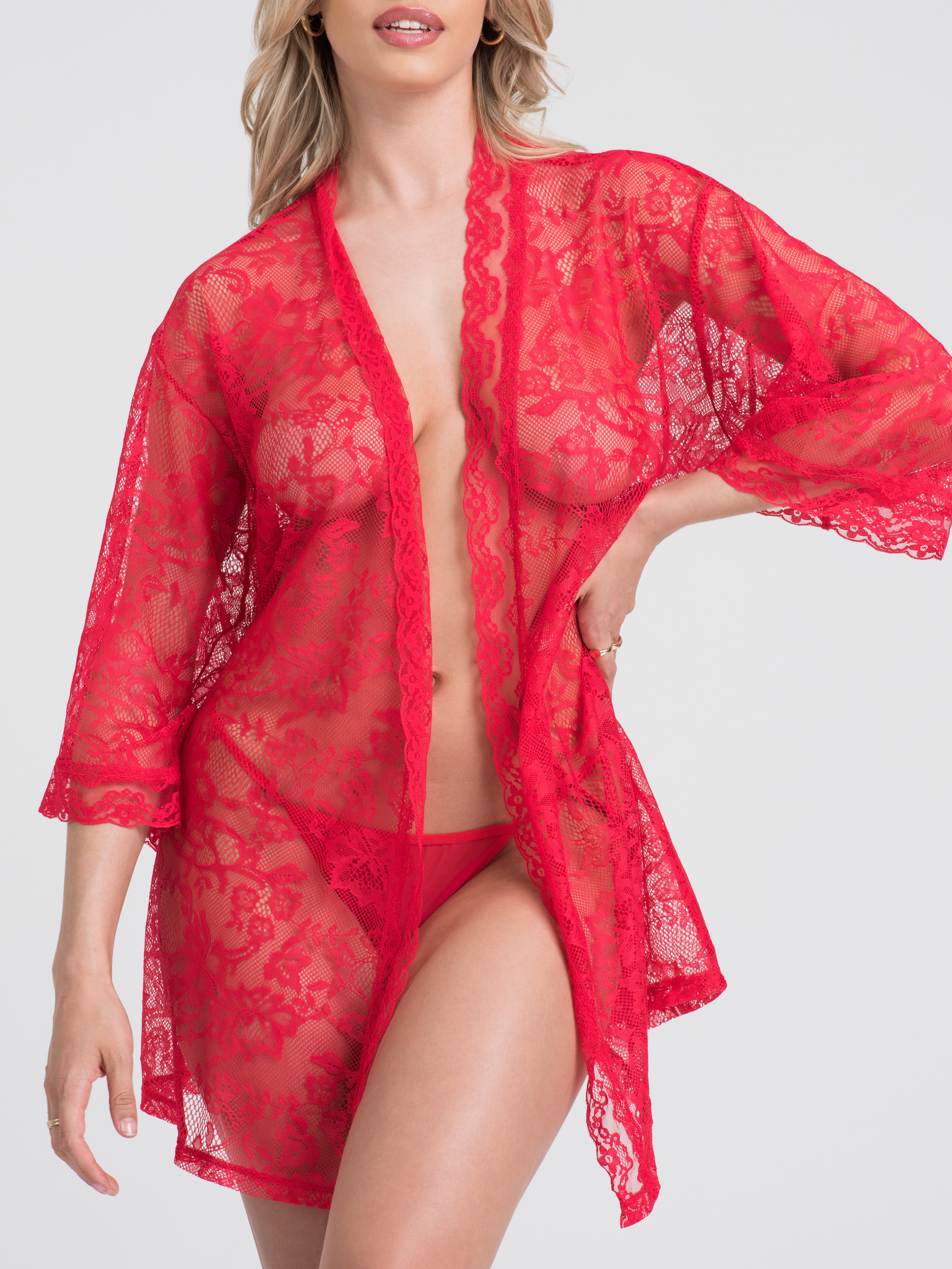 Lovehoney Flaunt Me Floral Lace Robe, Red, hi-res