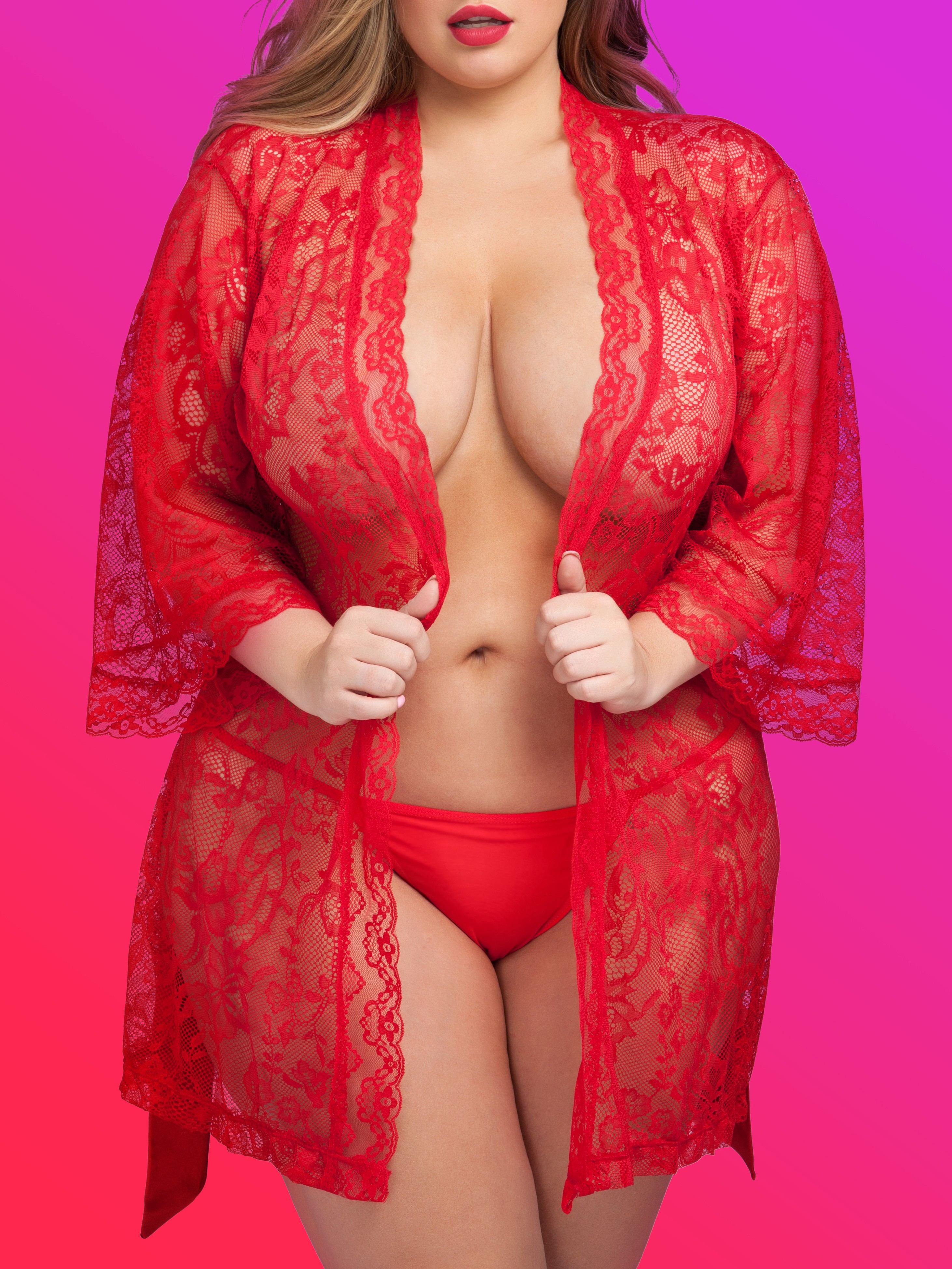 Lovehoney Plus Size Flaunt Me Red Lace Robe, Red, hi-res
