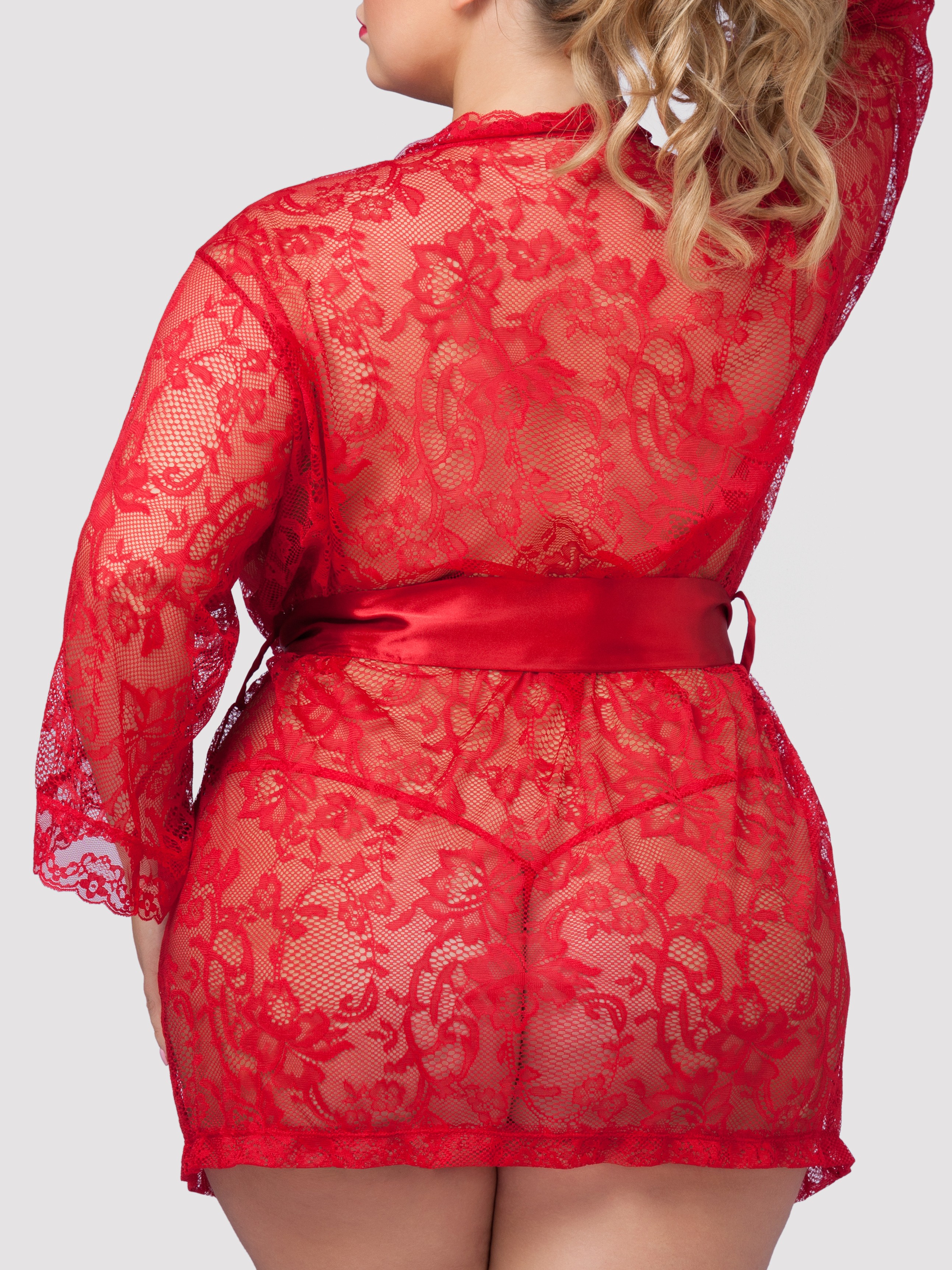 Lovehoney Plus Size Flaunt Me Red Lace Robe, Red, hi-res