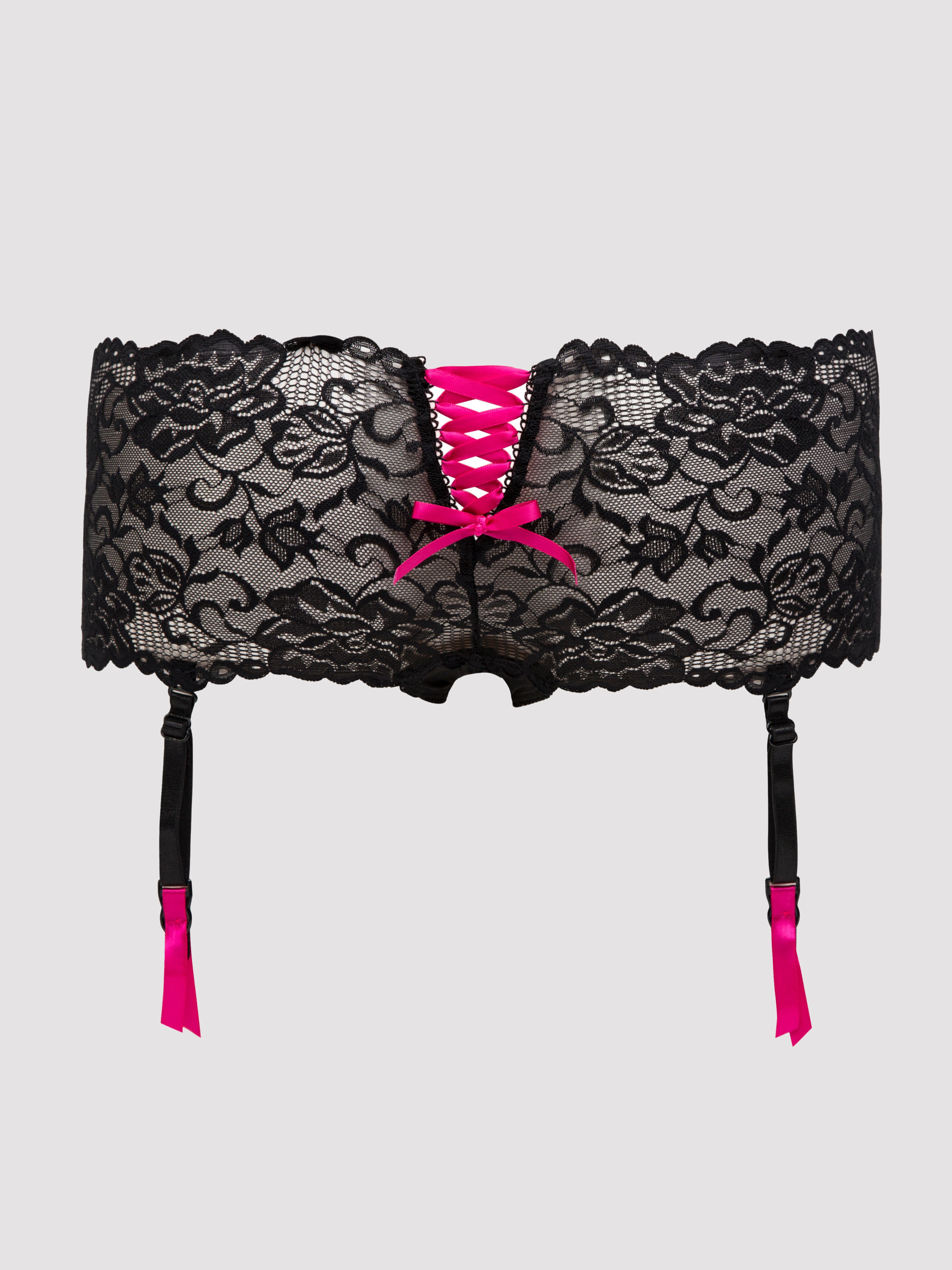 Lovehoney Crotchless Black Lace Shorts with Removable Suspender Straps, Black, hi-res