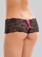 Lovehoney Crotchless Black Lace Shorts with Removable Suspender Straps, Black, hi-res