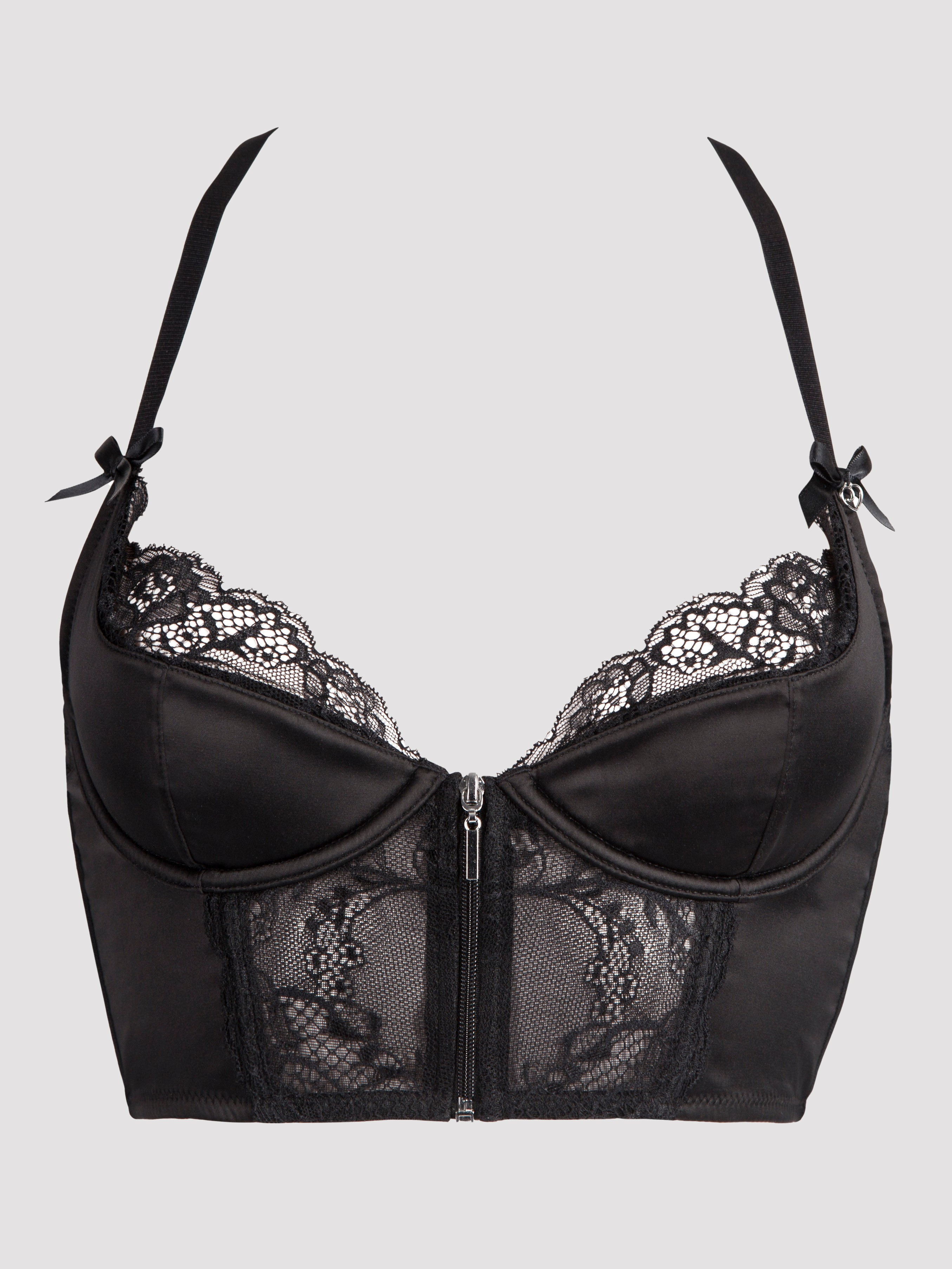 Lovehoney Front-Fastening Black Satin Longline Bra, Black, hi-res