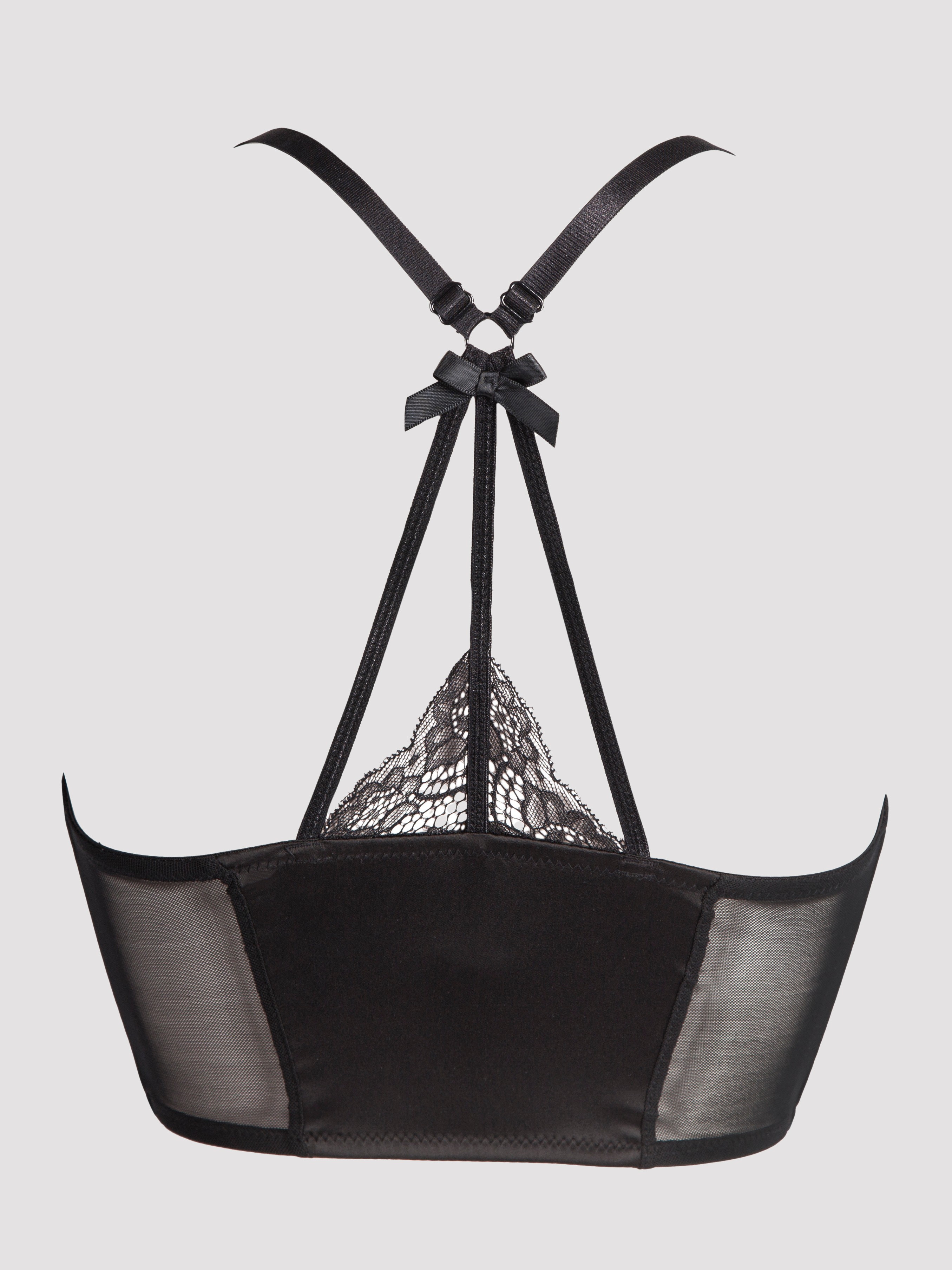 Lovehoney Front-Fastening Black Satin Longline Bra, Black, hi-res