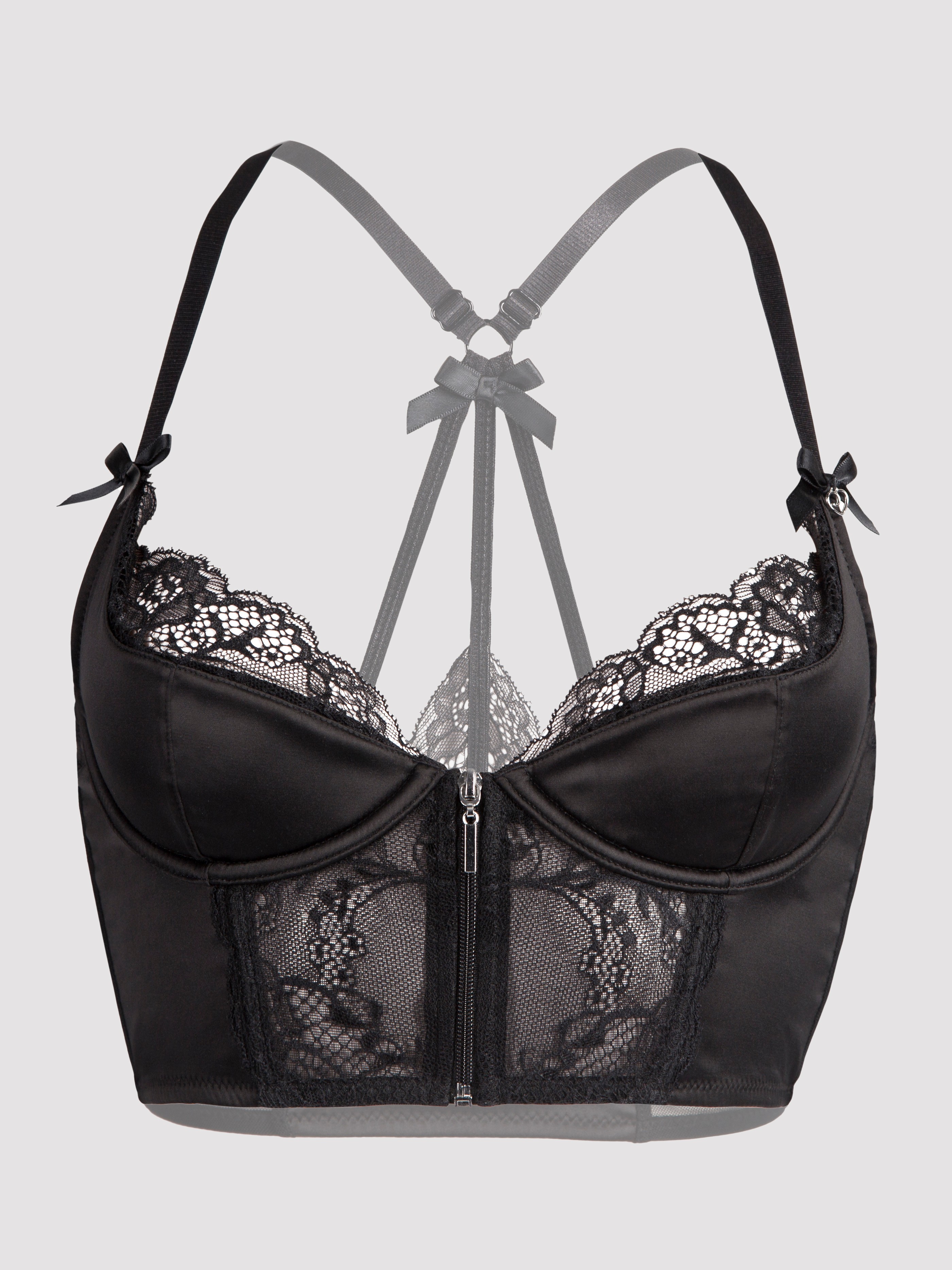 Lovehoney Front-Fastening Black Satin Longline Bra, Black, hi-res